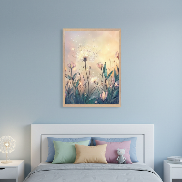 Kid's bedroom with a white headboard and bed. A framed illustrated print of a dandelion and wildflowers with a glowing background hangs centered above the bed. Colorful pillows and a teddy bear are on the bed. White nightstands flank the bed.
