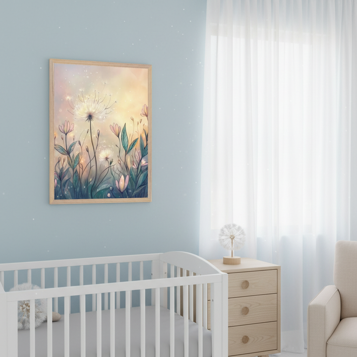 Modern nursery with a white crib, light wood dresser, and armchair. A framed watercolor painting of dandelions and wildflowers in a glowing field hangs on the light blue wall, above the crib.