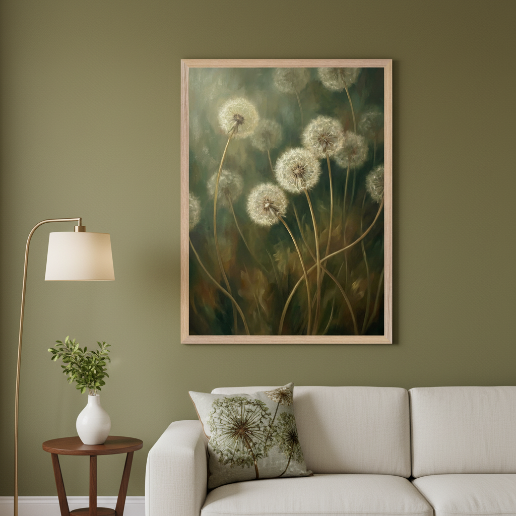 Modern living room with a white sofa. A large framed painting of multiple dandelion seed heads with wispy white tops and long stems against a dark green background hangs on the olive green wall above the sofa.