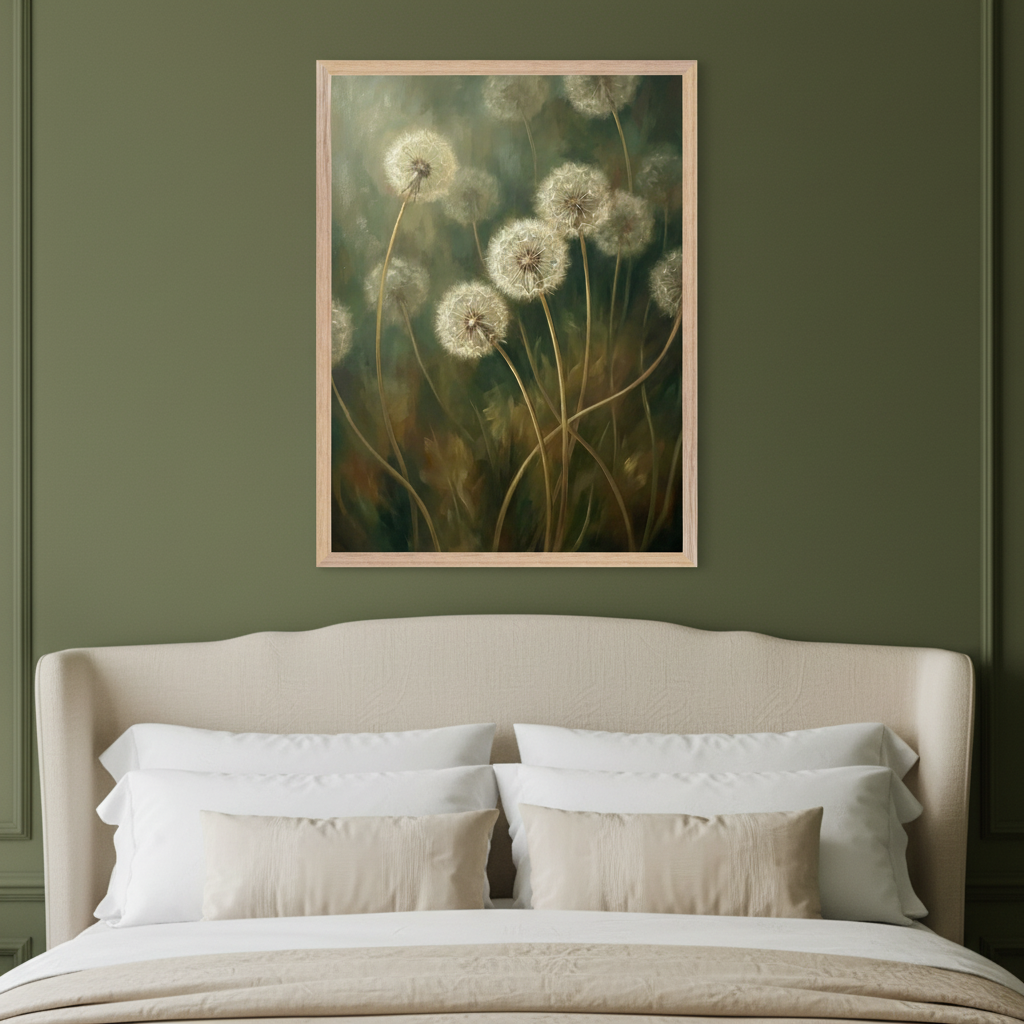 Dark green bedroom wall with a beige upholstered bed. A framed painting of multiple white dandelions with long stems against a dark, painterly background hangs centered above the bed.
