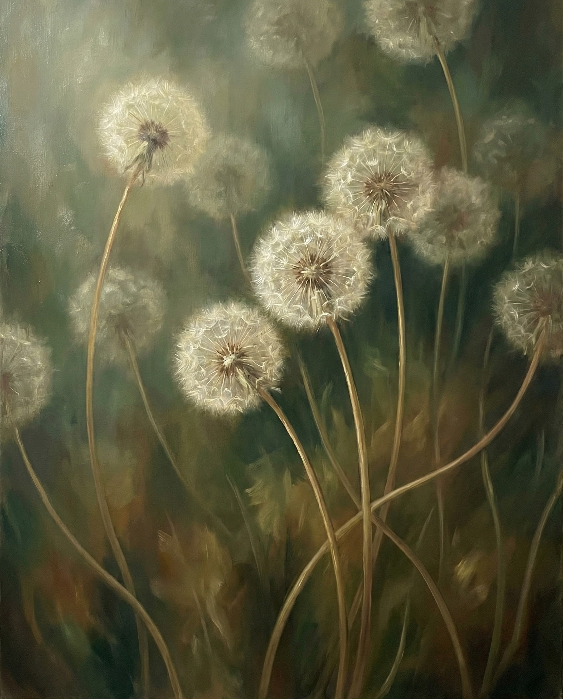 A dreamy painting of fluffy dandelion seed heads swaying against a hazy green and brown background, creating a soft and calming atmosphere perfect for wall art in both kids' and adults' spaces.
