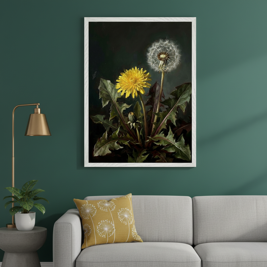Modern living room with a gray sofa against a dark green wall. A large framed realistic painting of a yellow dandelion flower and a white dandelion seed head hangs above the sofa.