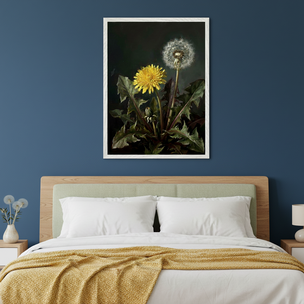 Modern bedroom with a bed against a dark blue wall. A large framed realistic painting of a yellow dandelion and a white dandelion seed head, with green leaves, hangs centrally above the bed.