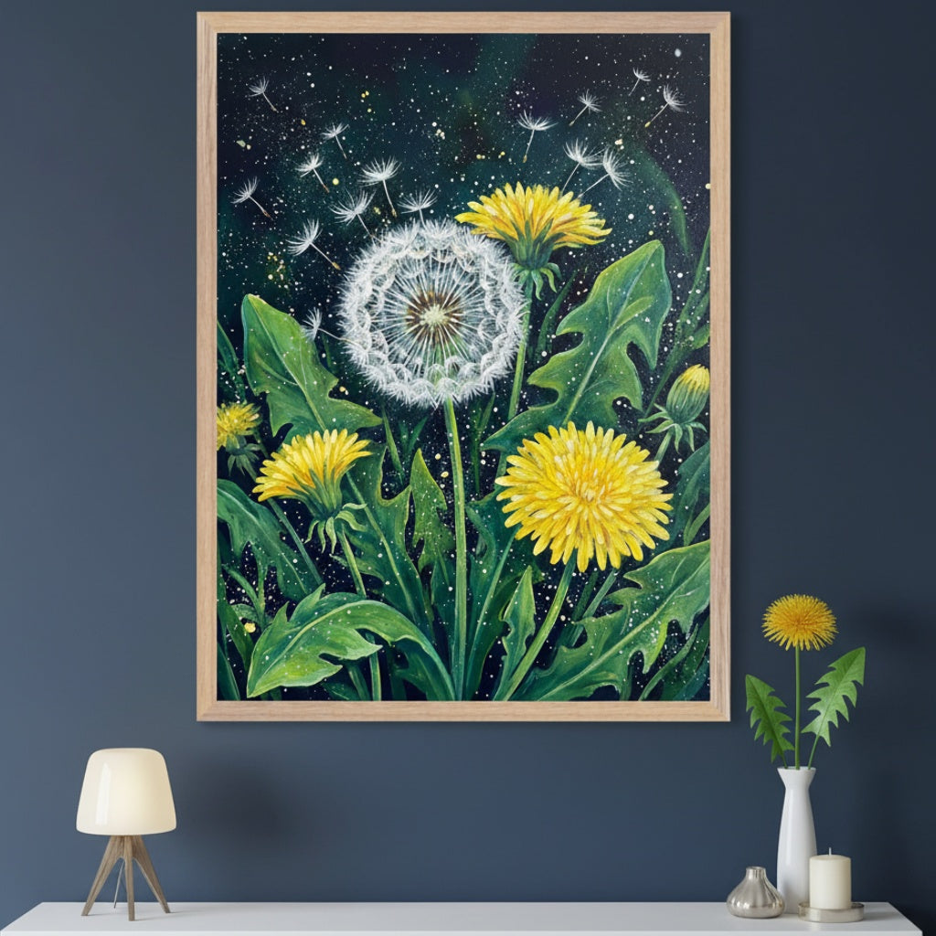 Modern living room with a dark blue wall and white console table. A large framed painting of yellow and white dandelions with seeds blowing against a dark, starry background hangs centered above the console table.