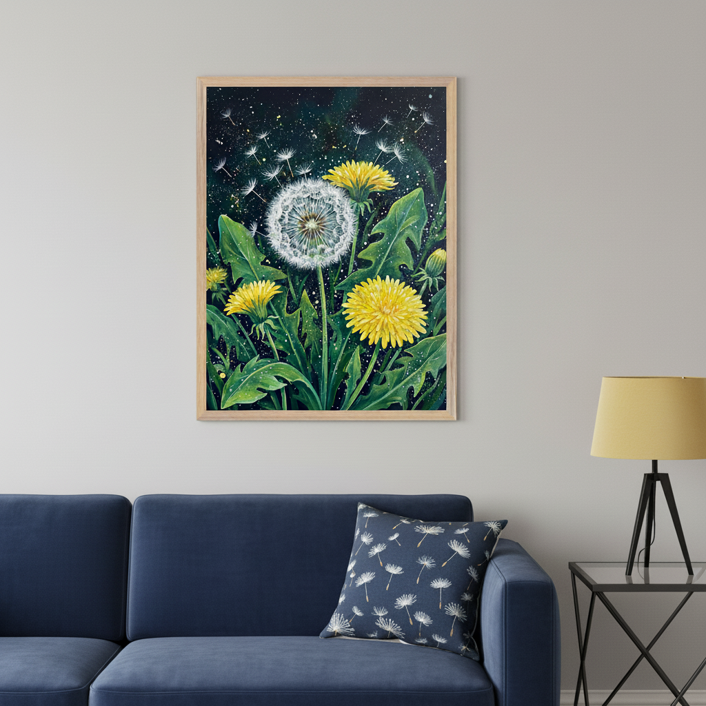 Living room with a dark blue sofa and a black side table holding a yellow lamp. Above the left side of the sofa, a framed painting features yellow dandelion flowers and white puffballs on a dark, speckled background. A dandelion-patterned pillow rests on the sofa.