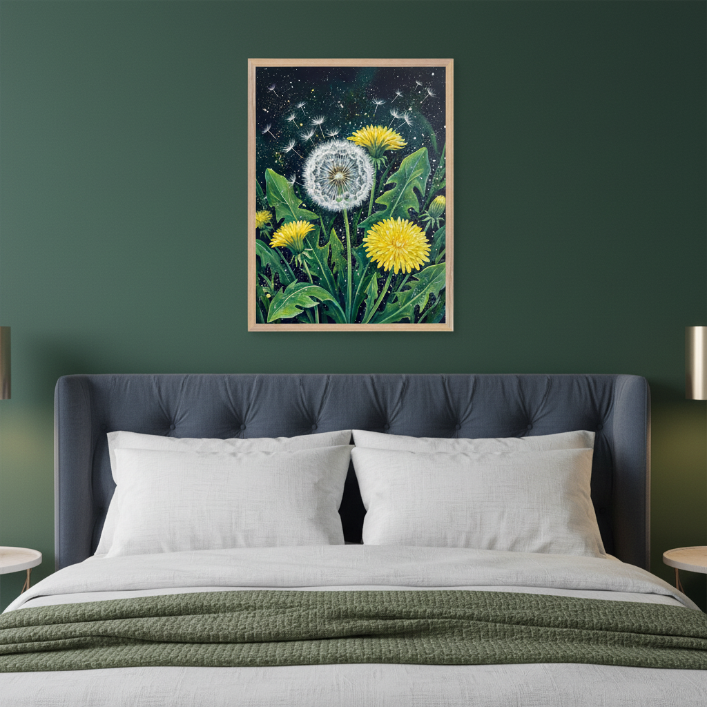 Modern bedroom featuring a bed with a gray tufted headboard against a dark green wall. Above the bed, a framed painting shows dandelions: yellow flowers and white seed heads releasing seeds against a dark, starry background.