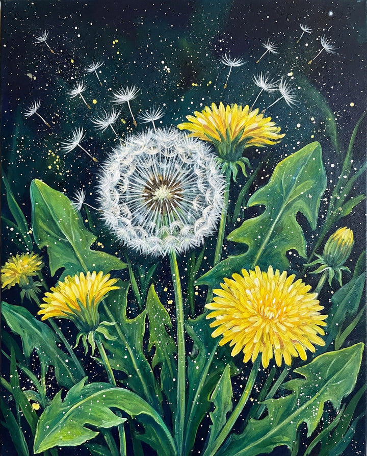 Whimsical painting of yellow dandelion flowers and seed heads set against a starry night sky, with white seeds floating like stars, creating a magical and nature-inspired wall art piece.
