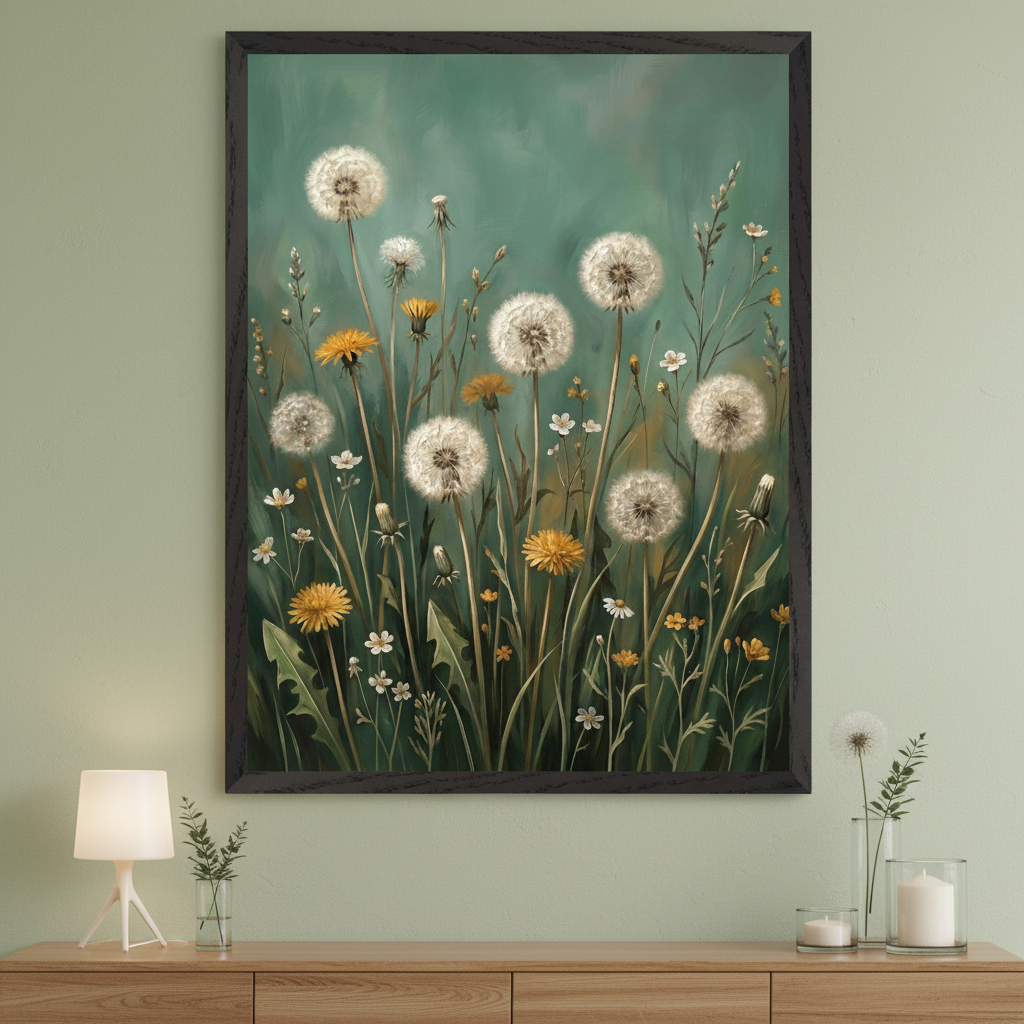 Modern living room with sage green walls and a light wood dresser. A large, dark-framed painting of a realistic dandelion field with white puffballs and yellow flowers hangs centered above the dresser.