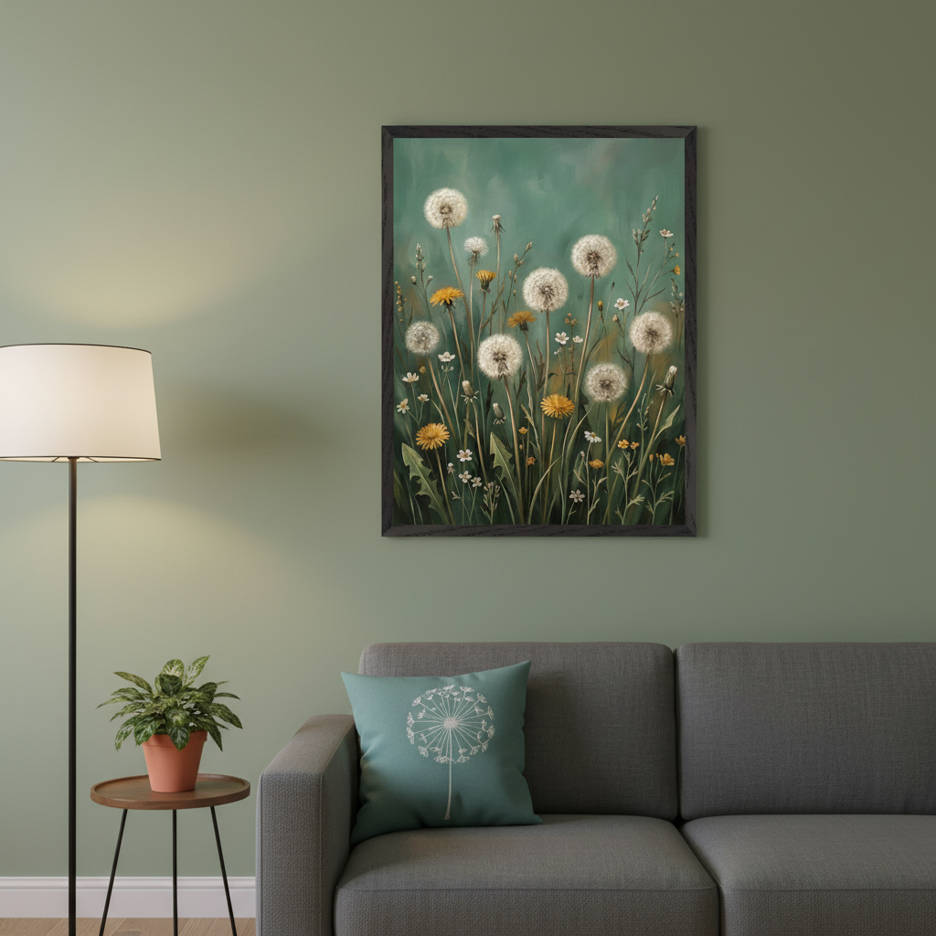 Living room with green walls and a grey sofa. Above the sofa hangs a framed painting of a dandelion field with yellow and white flowers on a teal background. A floor lamp, side table with a plant, and a dandelion-themed cushion are also visible.