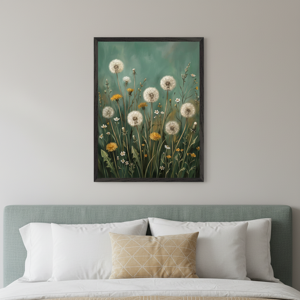 Modern bedroom with a teal upholstered headboard. A framed painting of dandelions with white seed heads and yellow flowers, alongside other wildflowers, against a teal-green background, hangs centered above the bed.