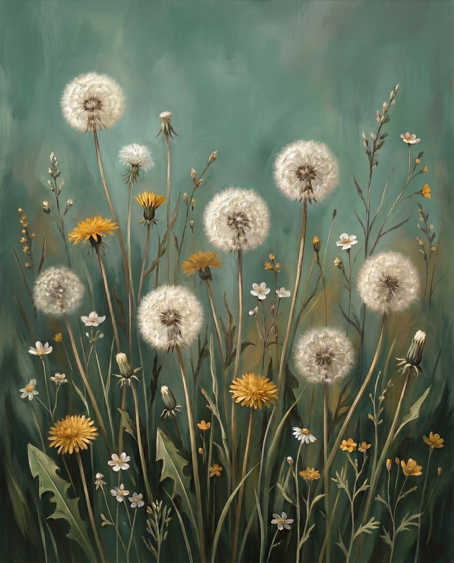 Elegant painting of fluffy white dandelion puffballs mixed with yellow dandelion blooms and delicate white wildflowers, all standing tall against a smooth teal backdrop, creating a calm and earthy botanical wall art piece.
