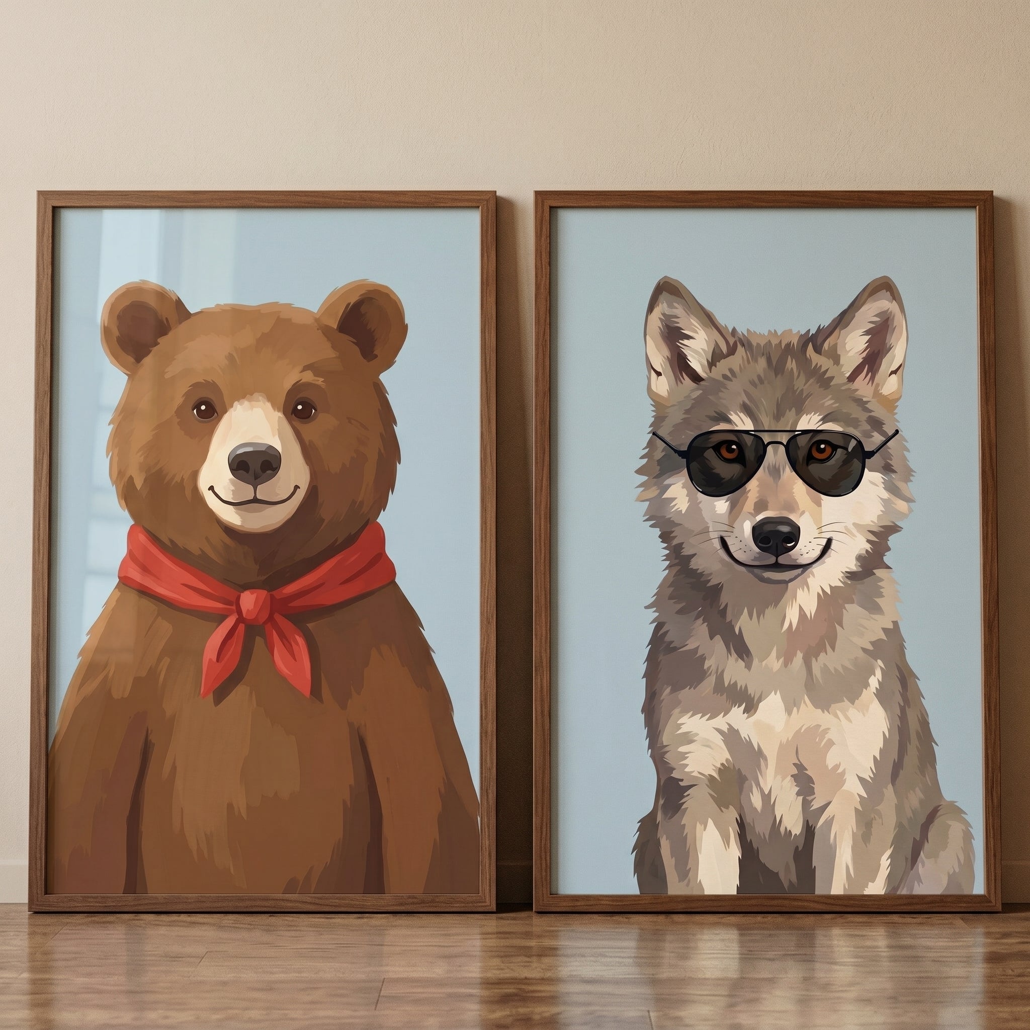 Dapper Blue Woodland Animal Wall Art Set of 2 - Wild Forest Friends