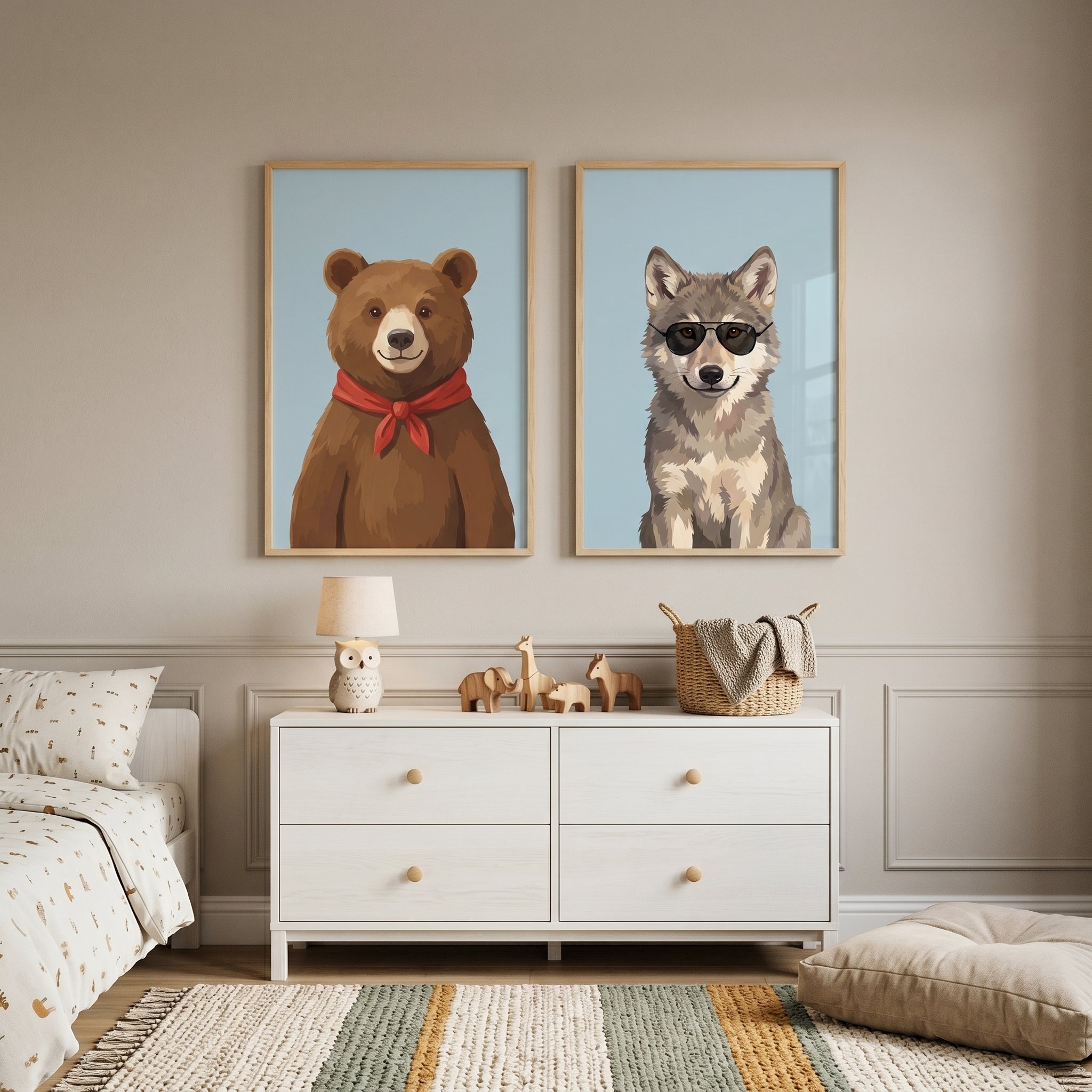 Dapper Blue Woodland Animal Wall Art Set of 2 - Wild Forest Friends