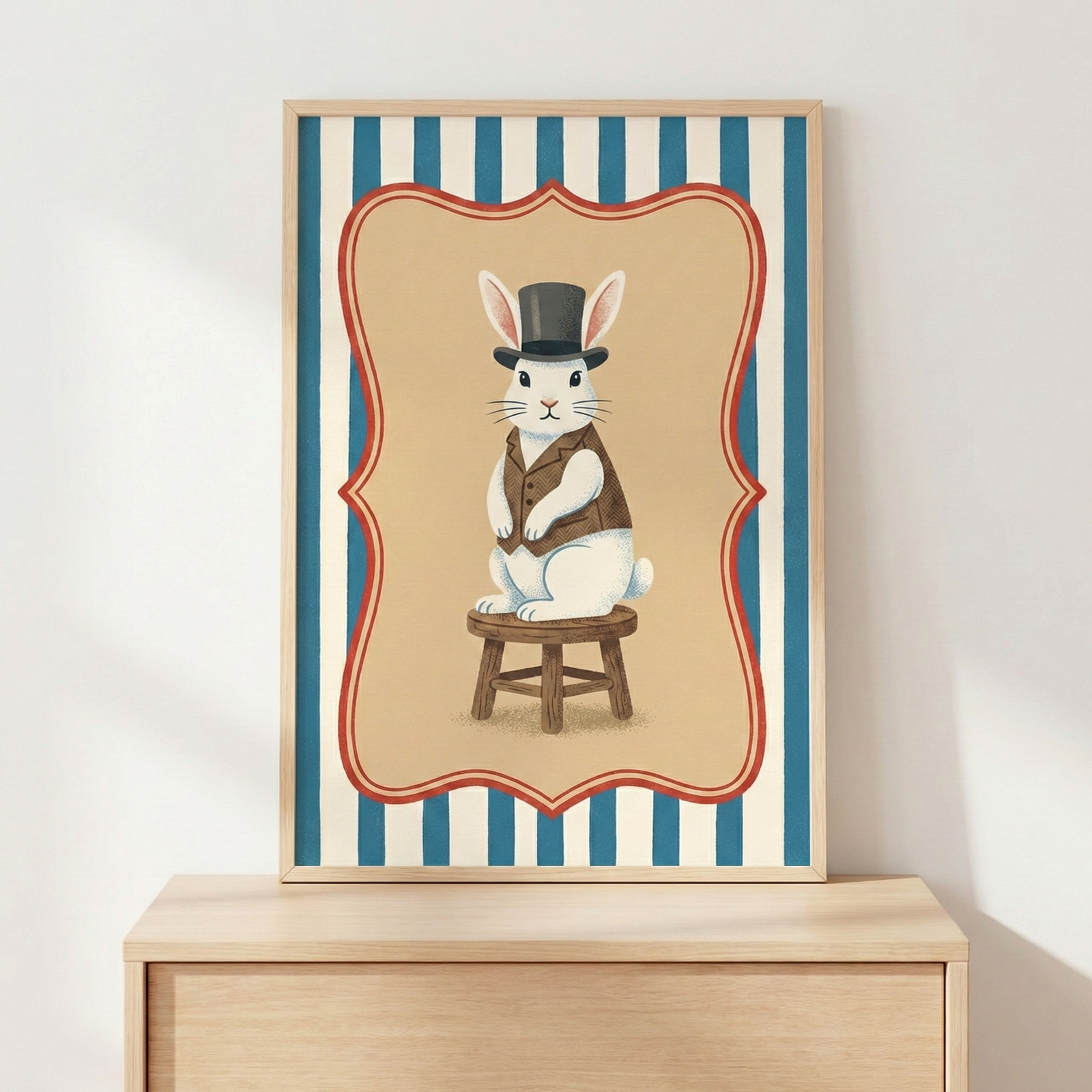 A framed illustration of a white rabbit wearing a black top hat and a brown waistcoat, sitting on a three-legged wooden stool. The central scene is enclosed in an ornate red and white border against a background of vertical blue and cream stripes. The framed art is displayed on a light wooden surface against a neutral wall.