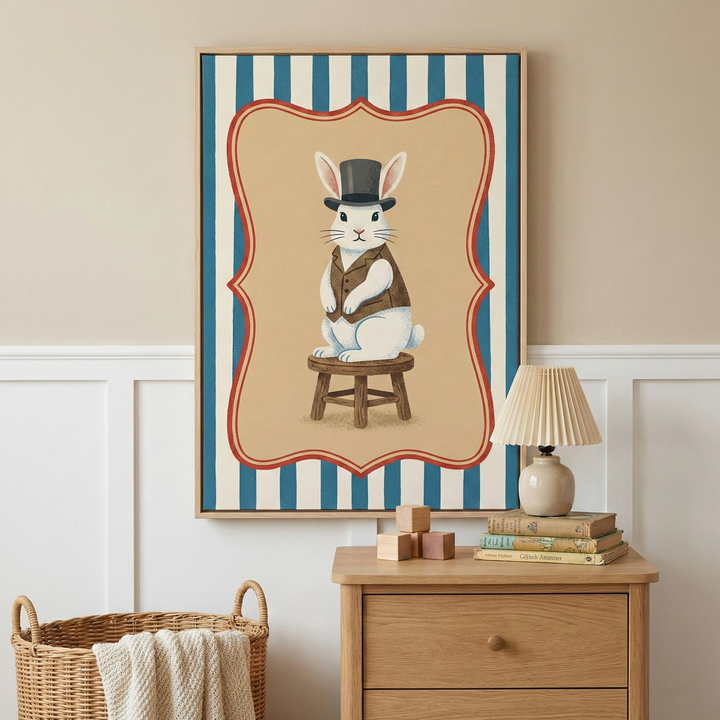 A framed illustration of a dressed-up rabbit hanging on a wall above a wooden dresser. The central image shows a white rabbit wearing a small black top hat and a brown vest, sitting on a three-legged wooden stool. This scene is set within a red-outlined scalloped frame on a tan background, with a wider border of vertical blue and white stripes. The artwork is positioned above a light wood dresser that holds a small lamp with a pleated cream shade, a stack of vintage books, and a few wooden blocks. To the le