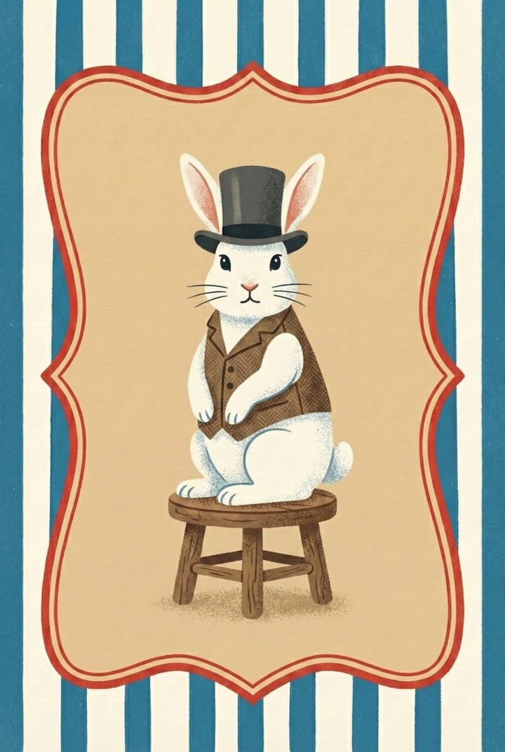 A white bunny wearing a black top hat and brown vest sits upright on a wooden stool, framed in a vintage carnival-style border with blue and white stripes.
