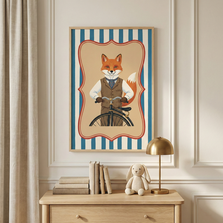 A vertical framed illustration of a fox dressed in a vest and tie, sitting on a bicycle, centered against a tan background with a decorative red border and blue and white stripes. The frame hangs on a wall with white molding above a light-colored wooden dresser. On the dresser are a stack of books, a small stuffed rabbit toy, and a gold-colored desk lamp. A long, light-colored curtain hangs to the left of the scene.