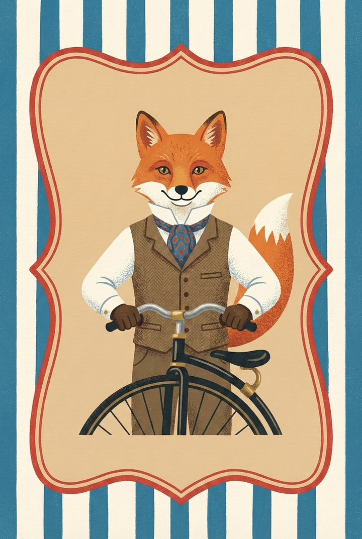 A red fox in a brown vest, tie, and white shirt stands behind an old-fashioned penny-farthing bicycle, smiling confidently within a striped frame.
