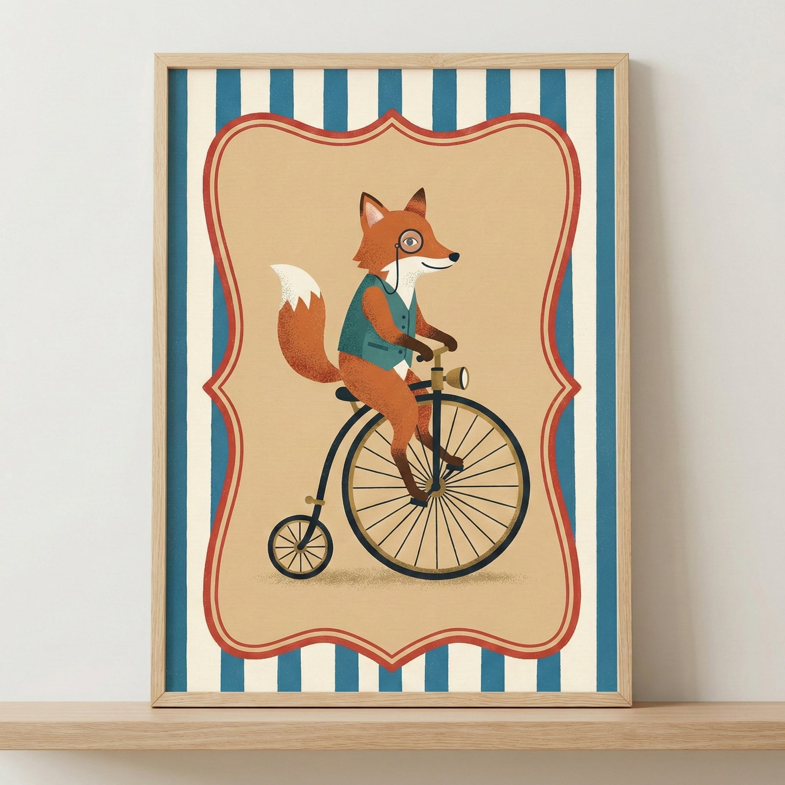 An illustration of a whimsical fox wearing a teal vest and a monocle while riding a black penny-farthing bicycle. The scene is set within a tan decorative frame with a red border, which is placed against a background of vertical blue and cream stripes. The entire piece is in a light wood frame and rests on a wooden shelf.