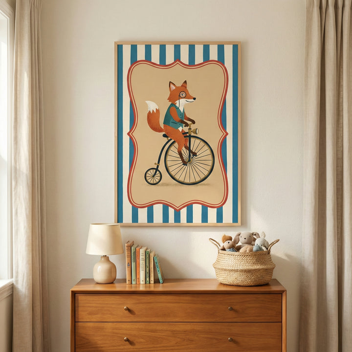 A framed wall art piece featuring a whimsical illustration of a fox wearing a monocle and a blue vest while riding a vintage bicycle with a large front wheel. The illustration is centered within a decorative red border against a blue and white striped background. Below the artwork, a wooden dresser holds a small table lamp, several books, and a woven basket containing plush toys. Long, neutral-toned curtains hang on either side of the dresser.