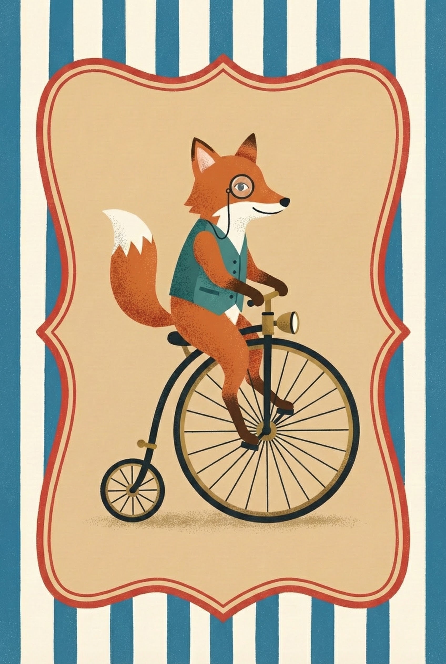 Dapper Fox with Monocle on Vintage Bicycle Wall Art