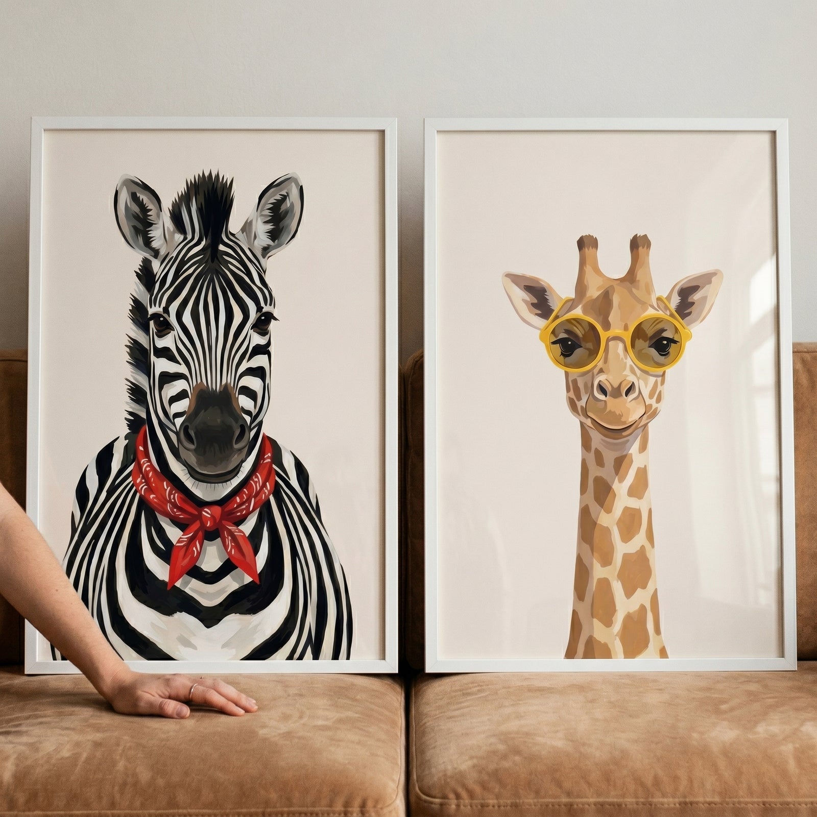 Dapper neutral safari animals wall art set of 2 featuring a zebra in a red bandana and a giraffe in yellow glasses.
