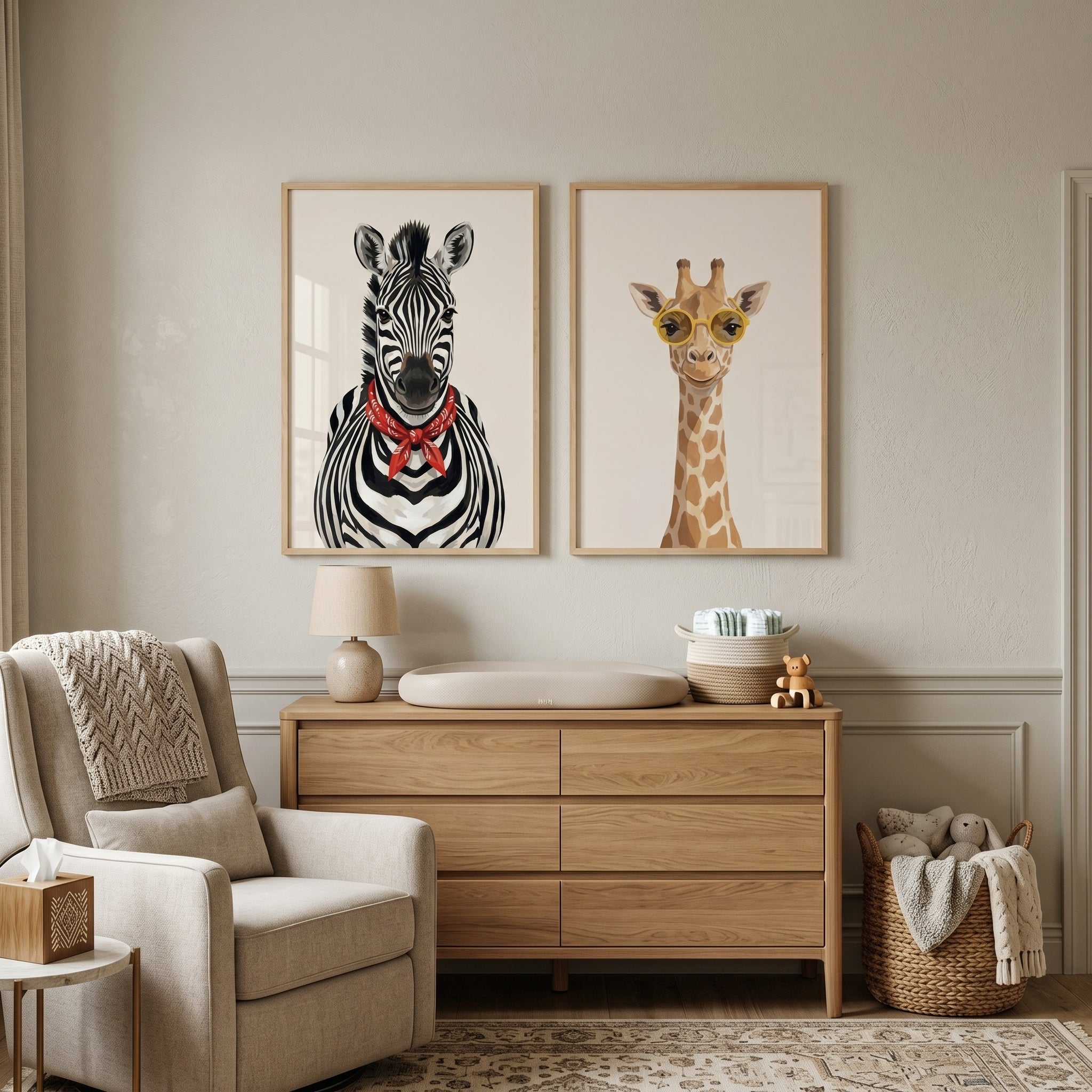Dapper Neutral Safari Animals Wall Art Set of 2 - Trendy Wildlife Pair