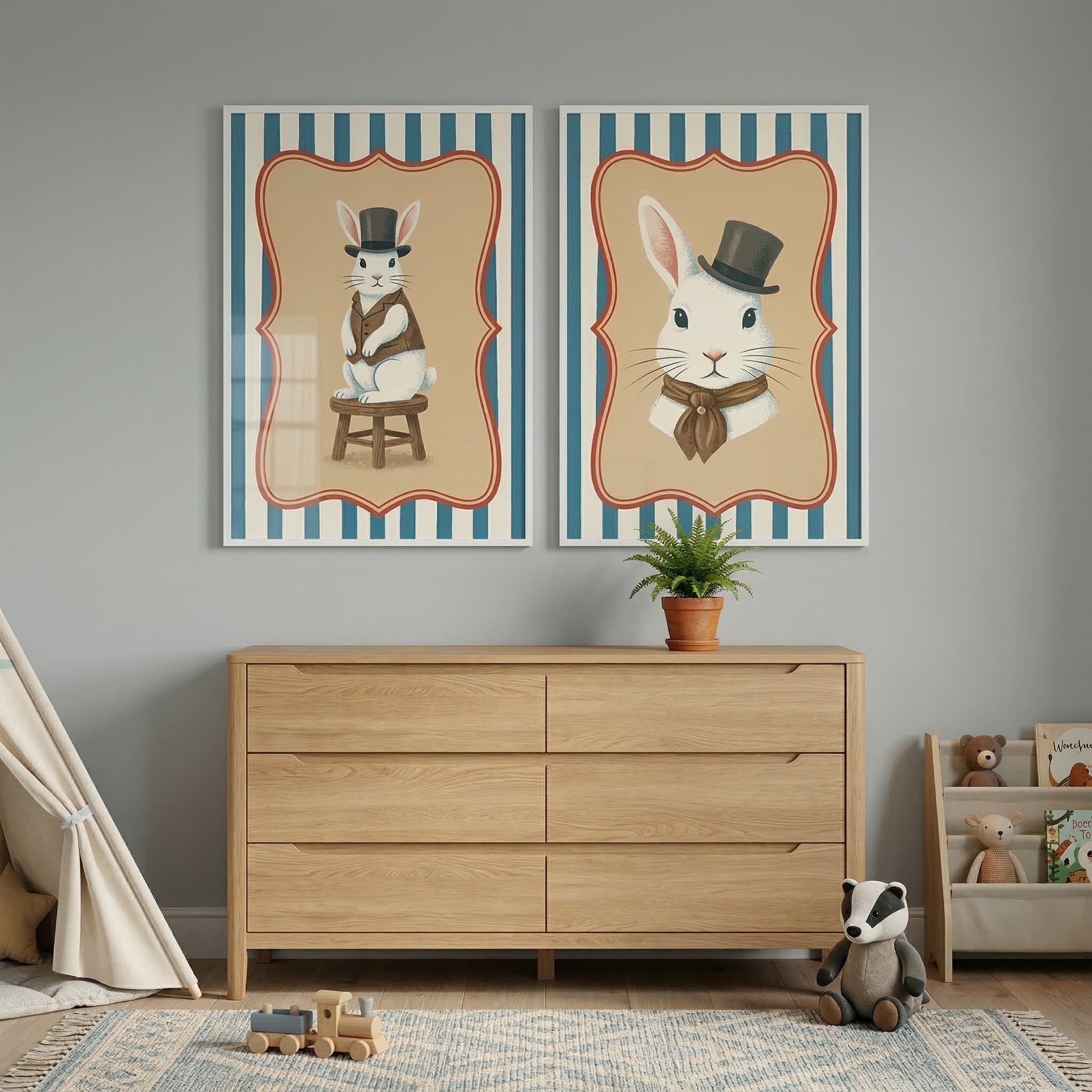 Dapper Rabbit Top Hat Wall Art Set of 2 - Dapper Rabbit Duo