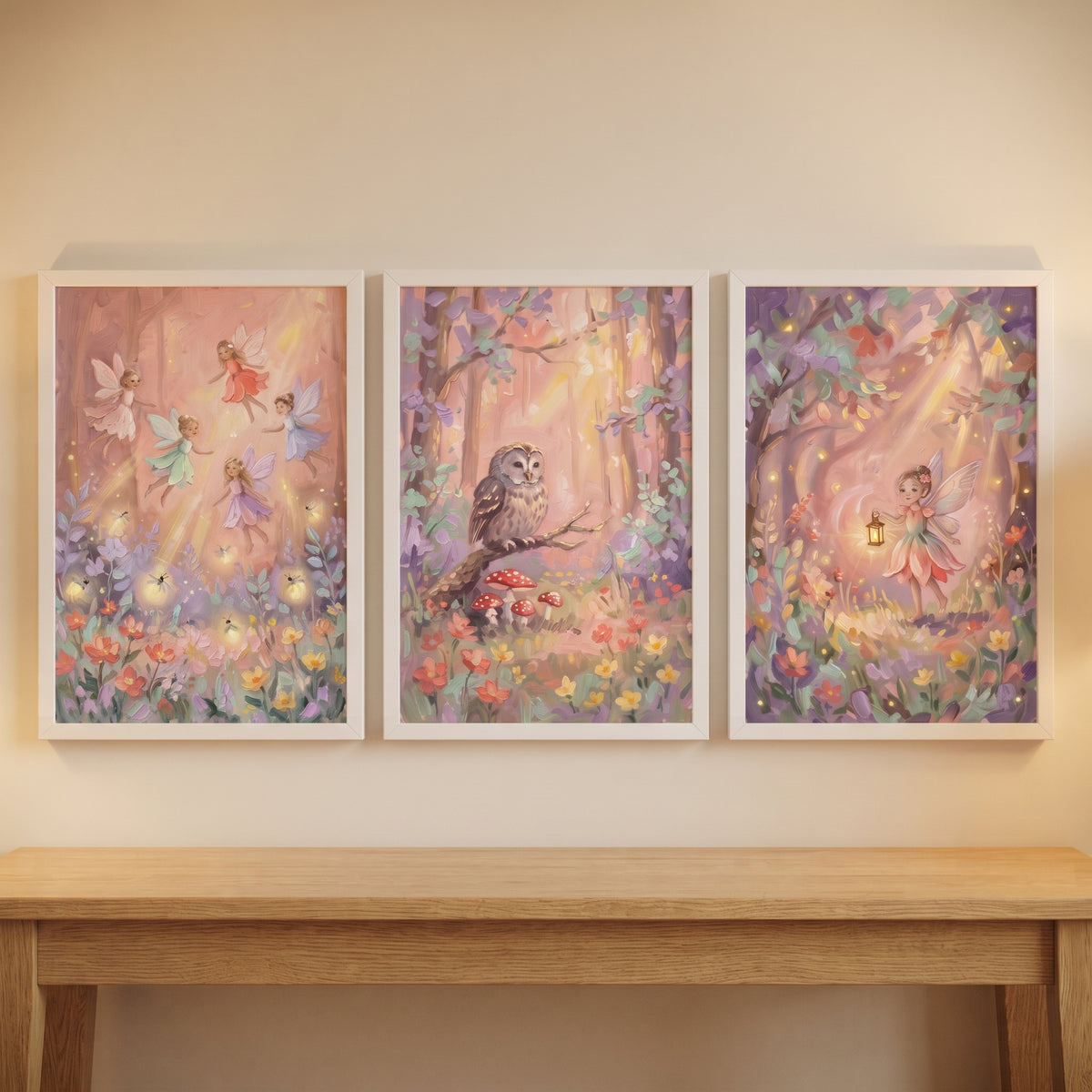 A dappled light enchanted forest wall art set of 3 featuring fairies, flowers, and an owl hanging above a wooden table.