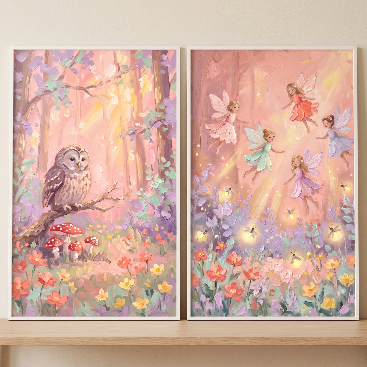 Dappled light forest wall art set of 2 featuring a whimsical owl, flying fairies, and mushrooms among pastel flowers.