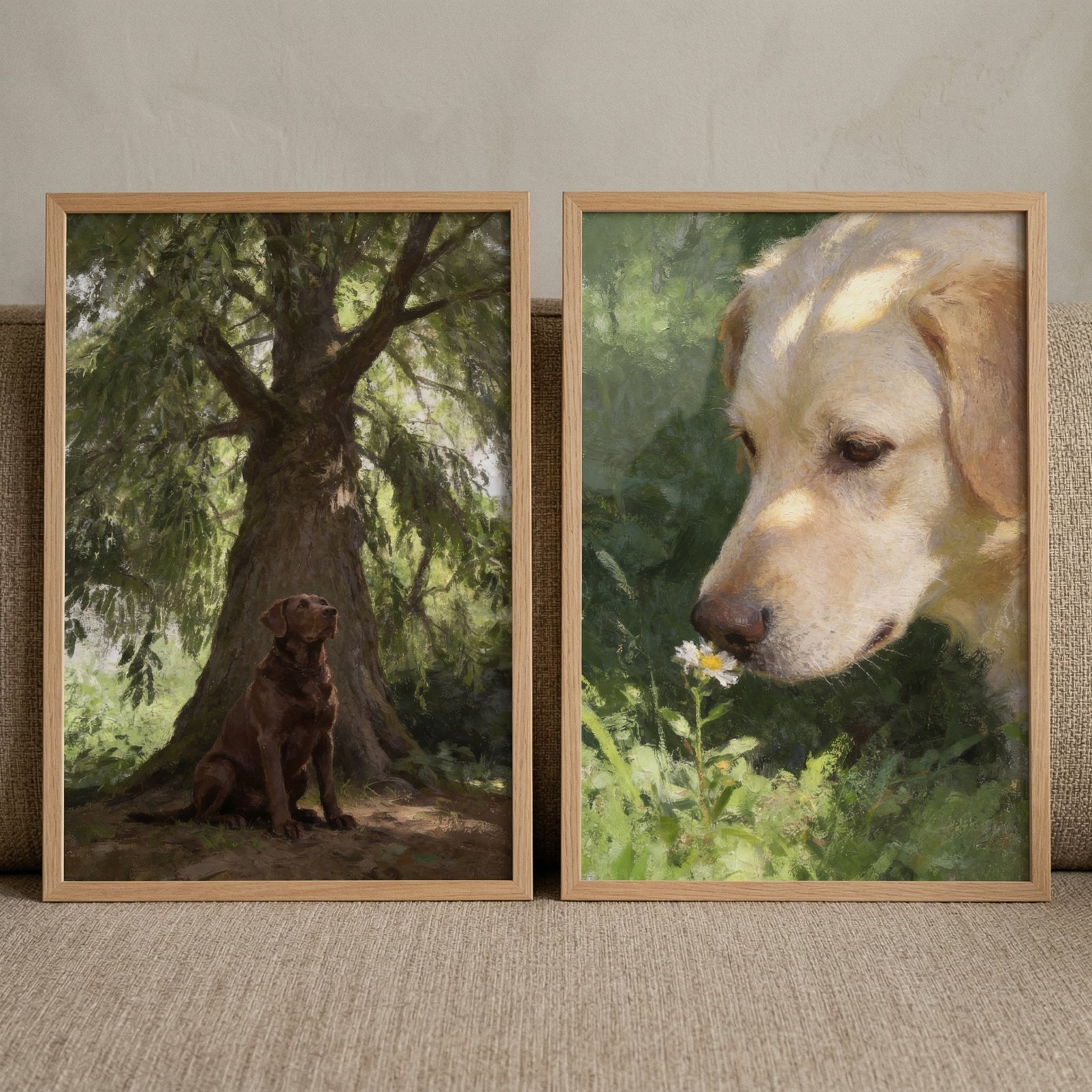 Dappled sunlight nature labrador wall art set of 2 shows a brown dog under a tree and a yellow dog sniffing a flower.