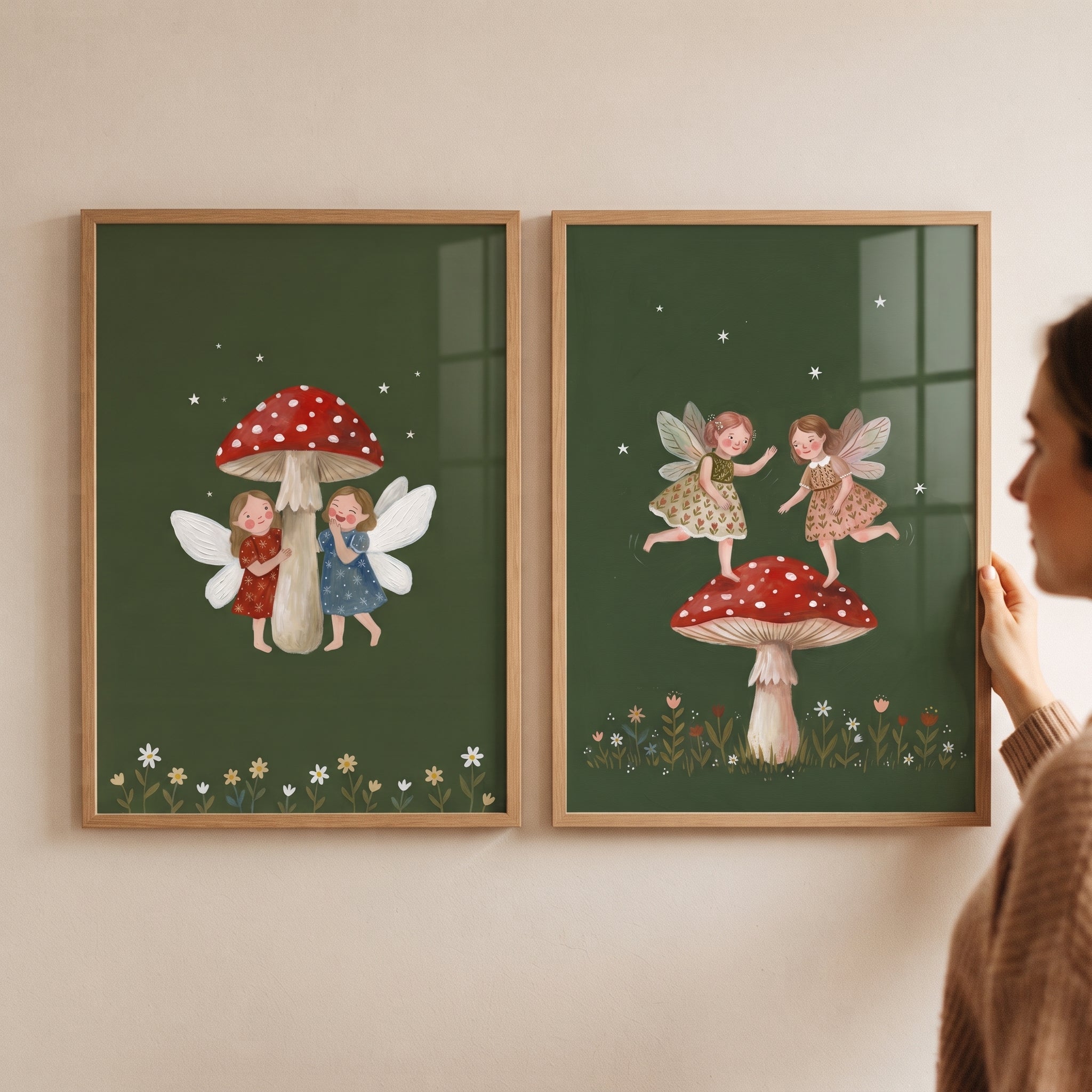Dark Emerald Starry Fairies Wall Art Set of 2 - Enchanted Garden Sprites