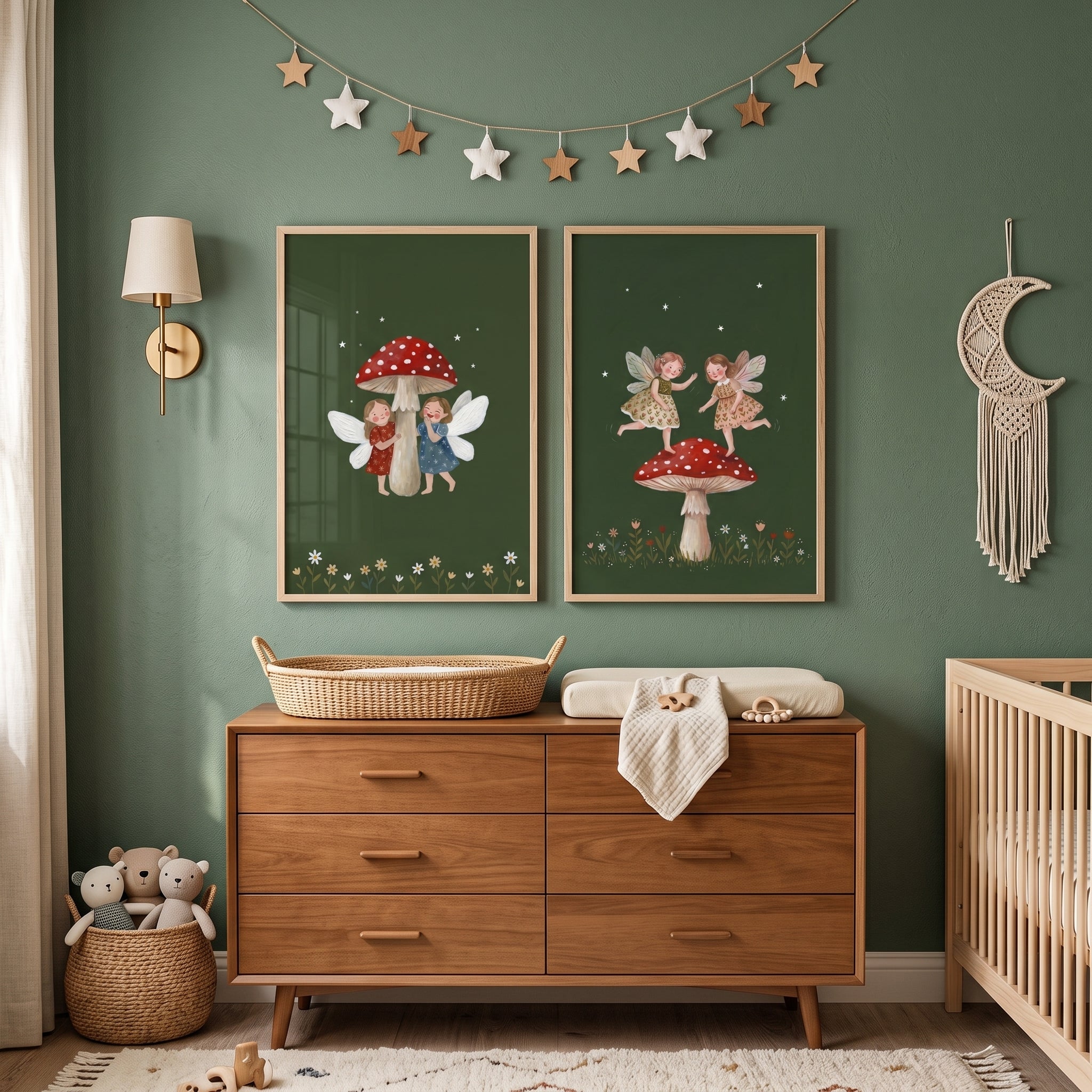 Dark Emerald Starry Fairies Wall Art Set of 2 - Enchanted Garden Sprites
