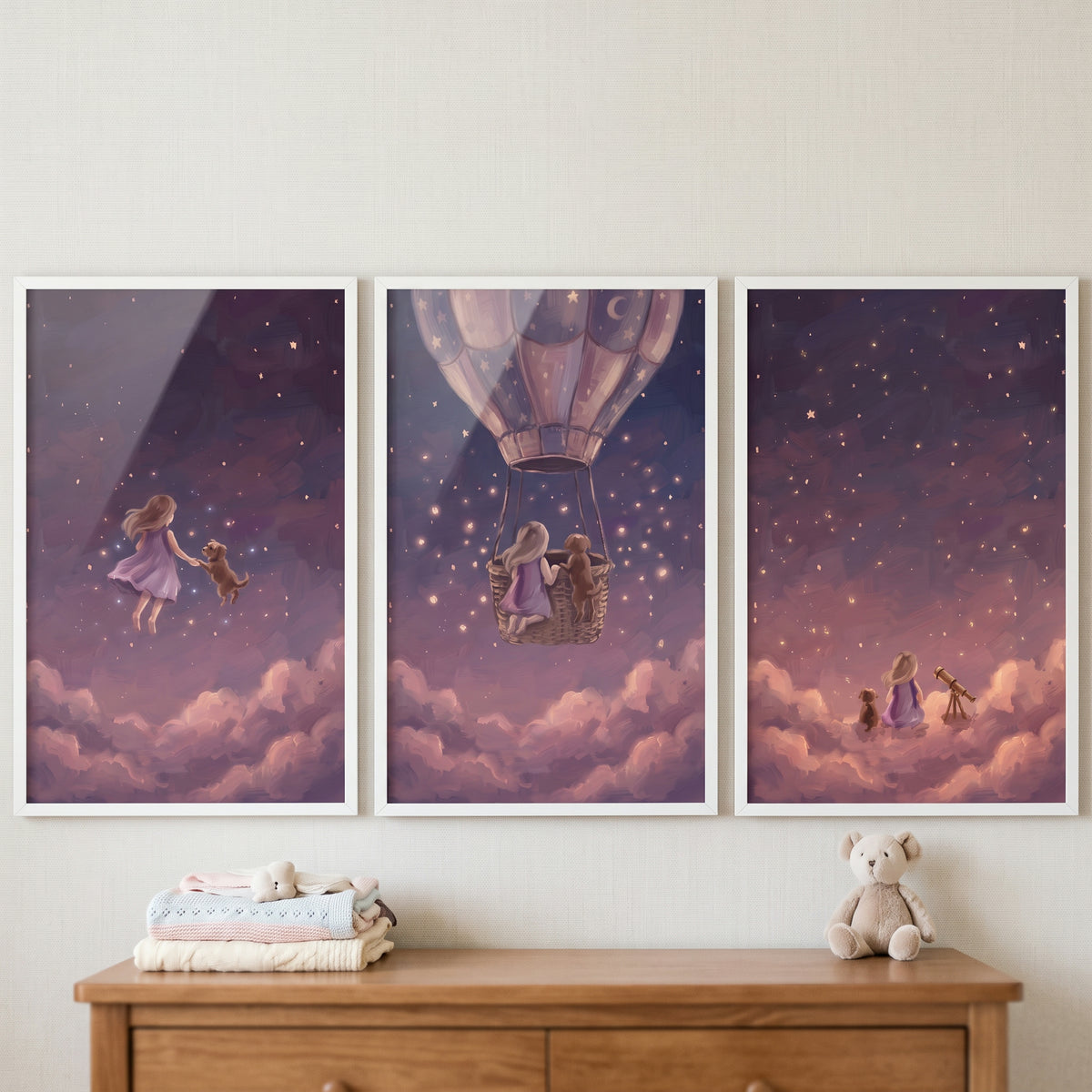 Dark grape girl dog wall art set of 3 featuring a girl and pet in a starry sky with a hot air balloon and telescope.