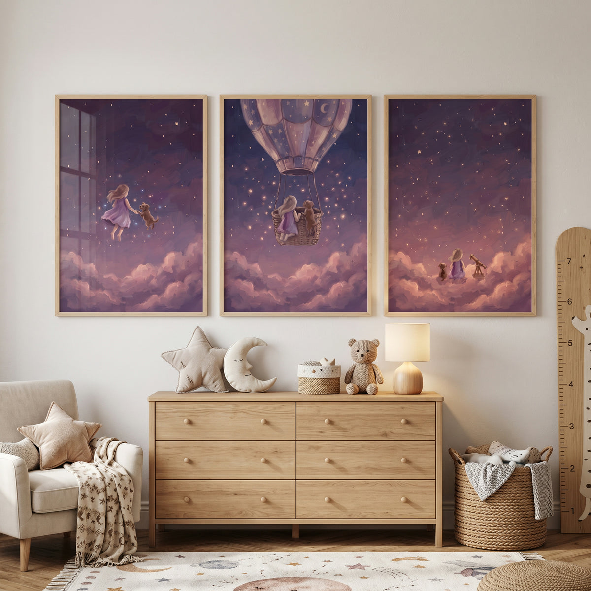 Dark Grape Girl Dog Wall Art Set of 3 - Starry Night Dreams