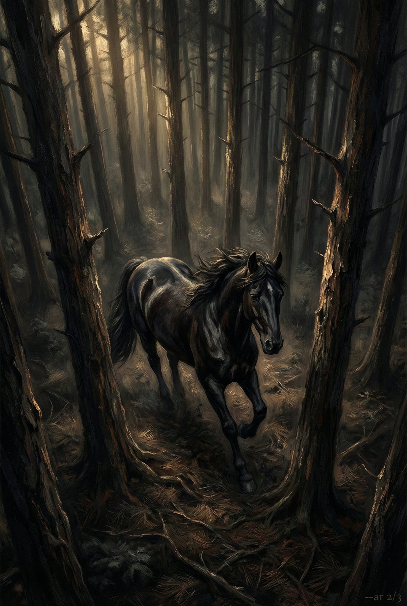 Dark woodland scene of a black horse moving between tall, slender trees. Warm beams of light filter through the forest canopy, highlighting the horse against the shadowed trunks.

