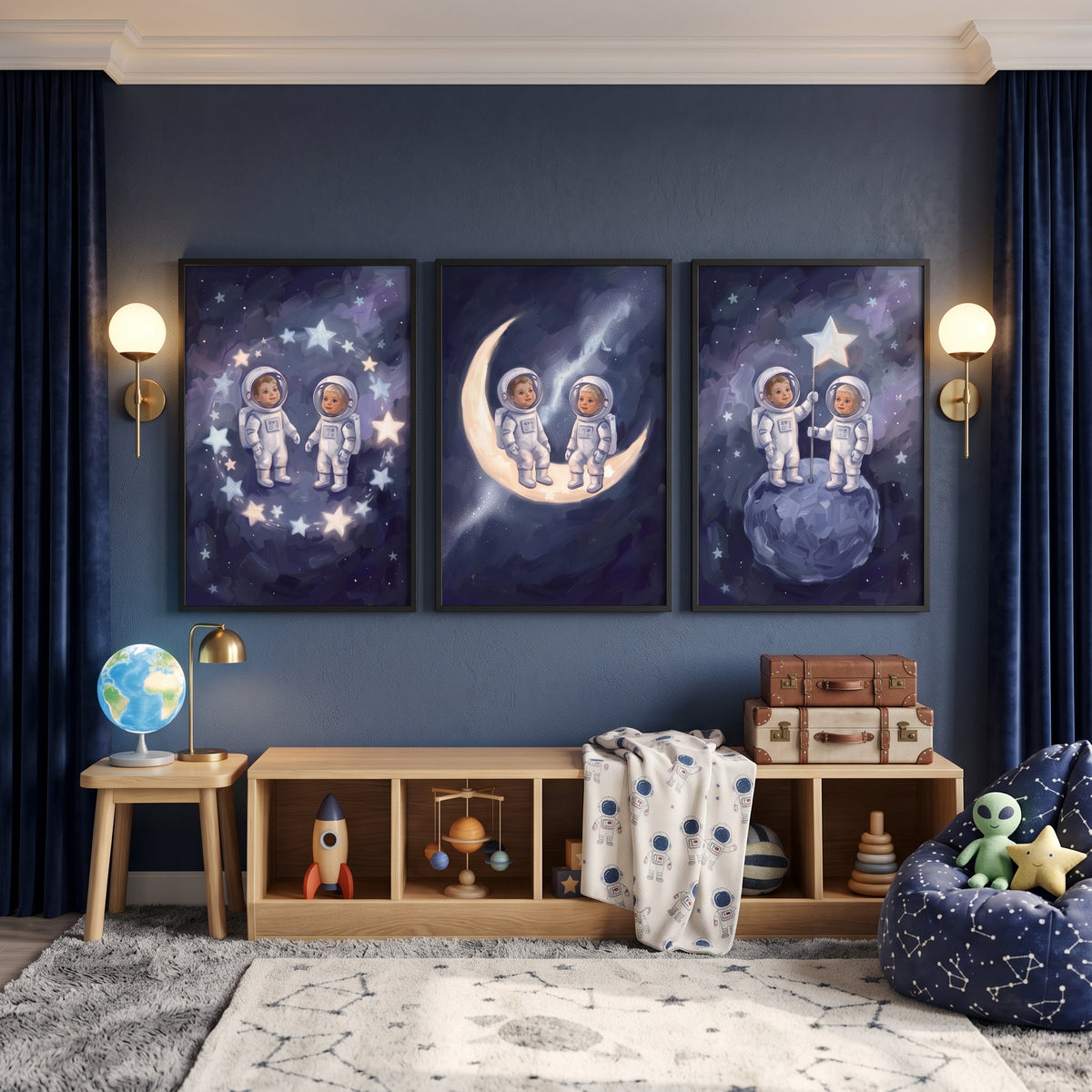 Dark Indigo Baby Astronauts Wall Art Set of 3 - Moonlight Dreamers