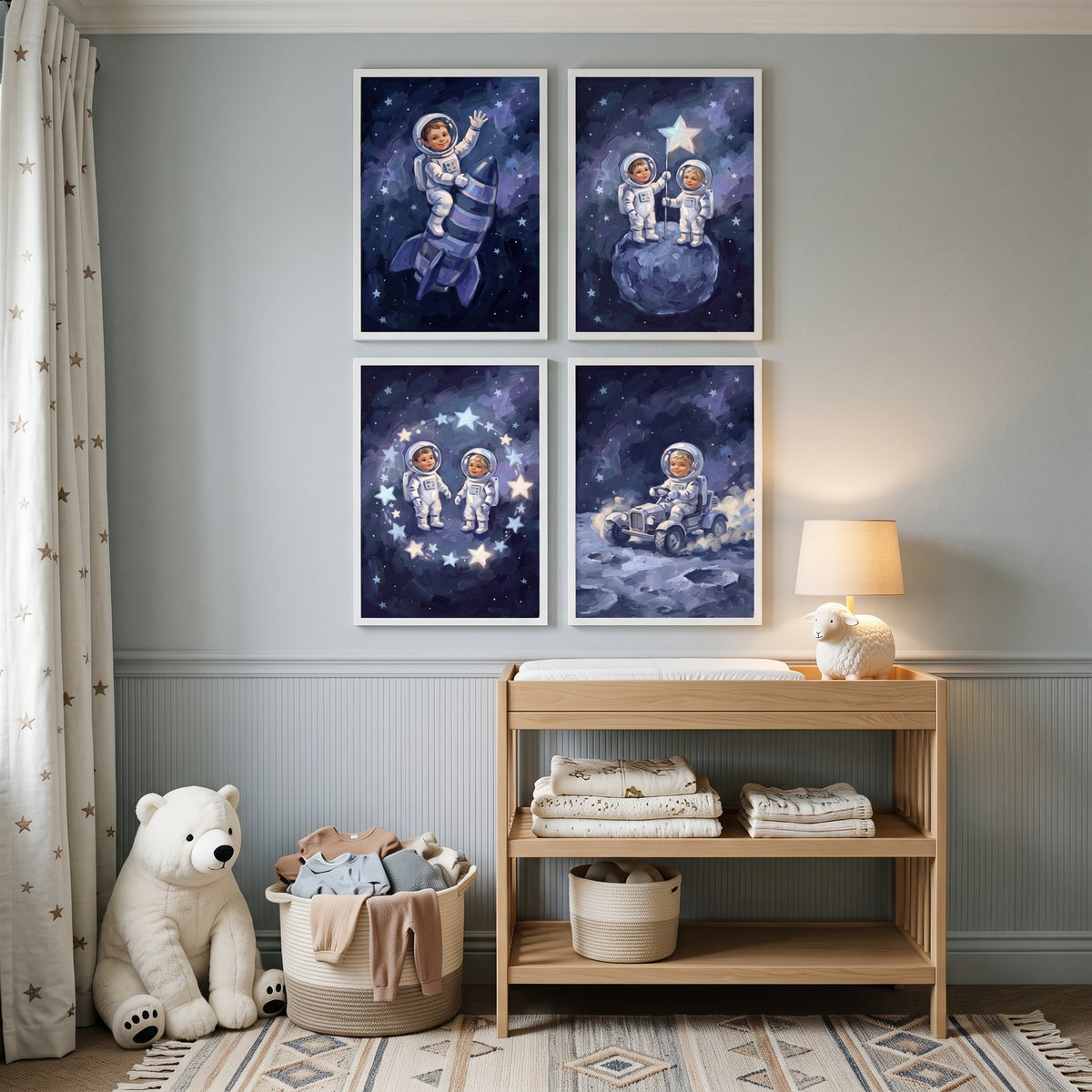 Dark Indigo Little Astronaut Wall Art Set of 4 - Tiny Star Explorers