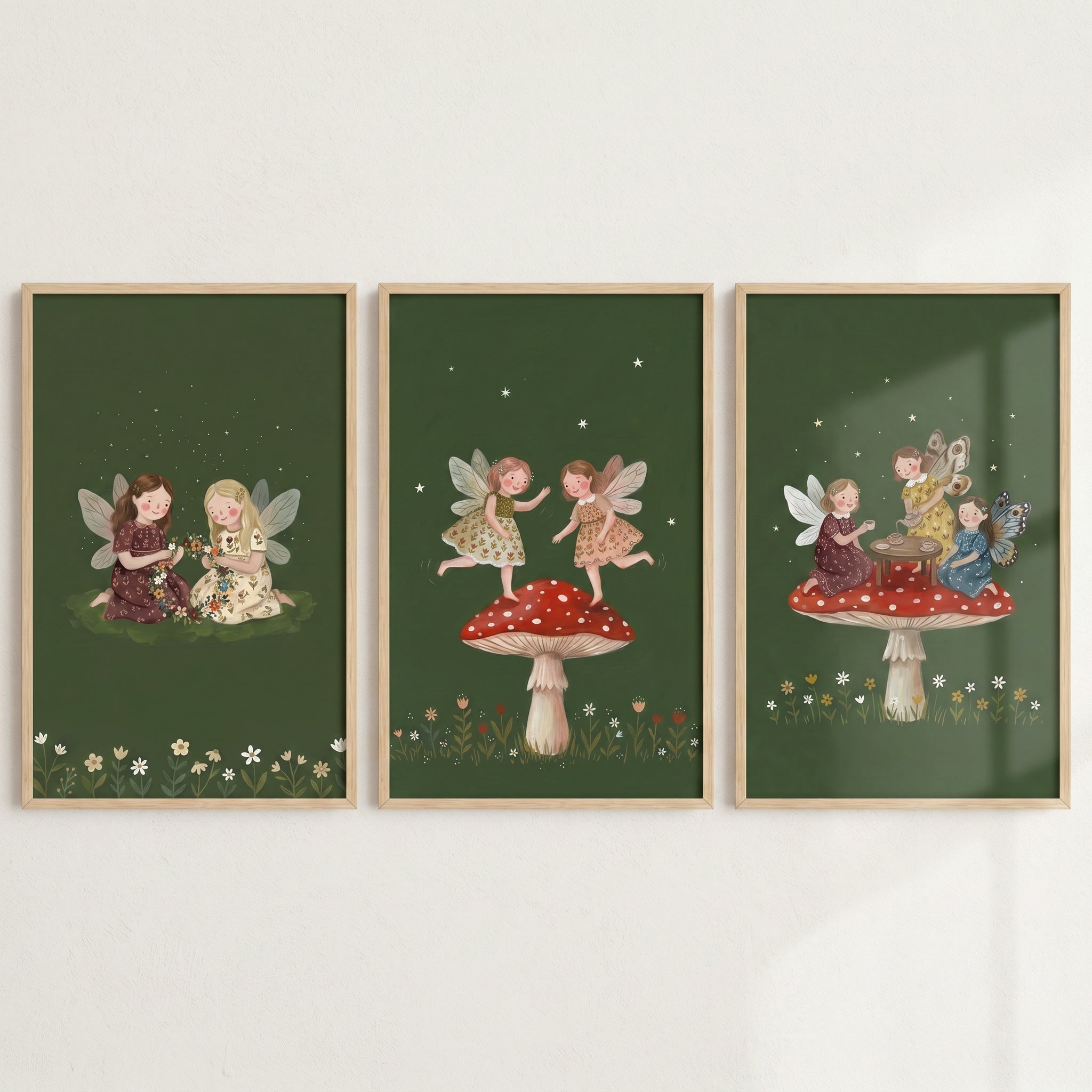 Dark Olive Forest Fairies Wall Art Set of 3 - Magical Mushroom Tea