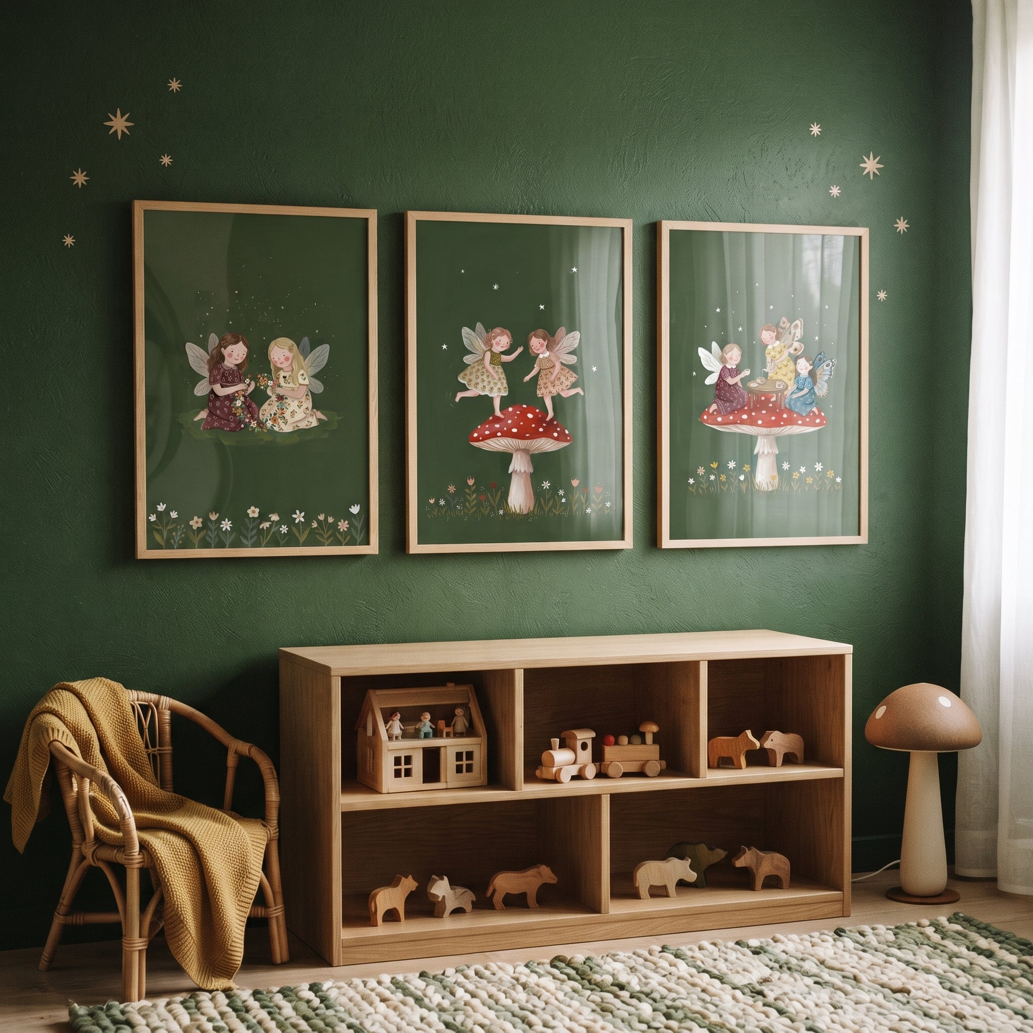 Dark Olive Forest Fairies Wall Art Set of 3 - Magical Mushroom Tea