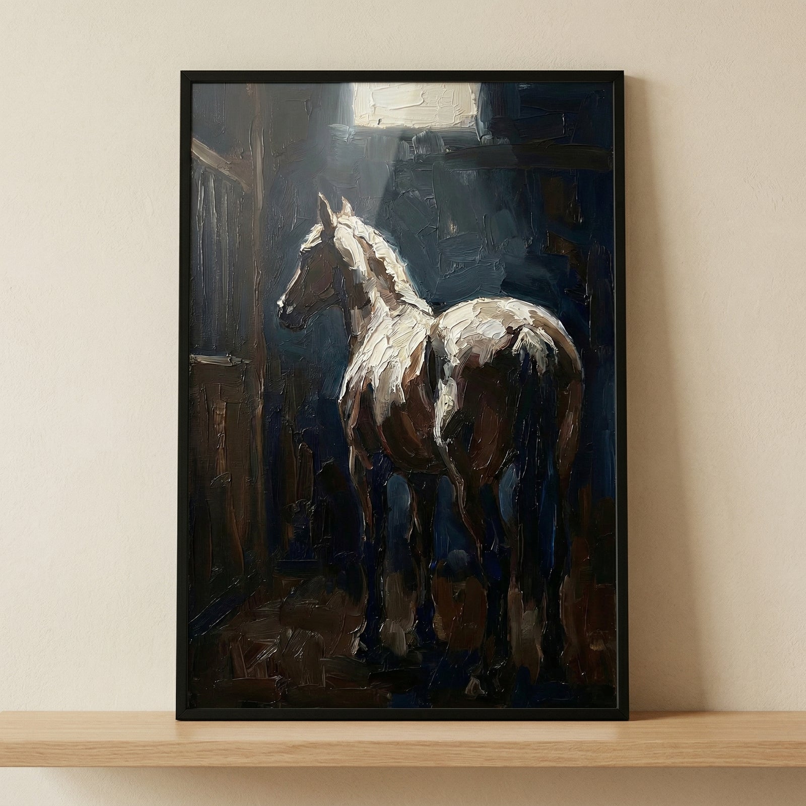 An impressionistic artwork depicting a lone horse standing in the shadows of a stable. A single, bright shaft of light descends from above, illuminating the horse's back and head with thick, textured strokes of white and cream. 