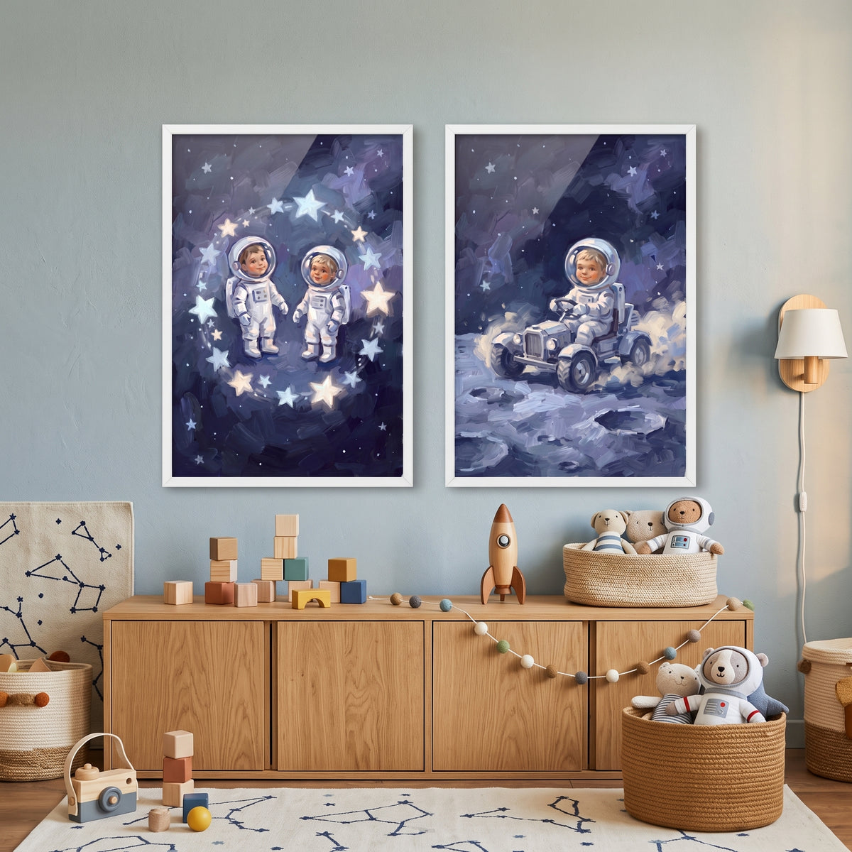 Dark Stellar Baby Astronaut Wall Art Set of 2 - Moon Rover Adventure