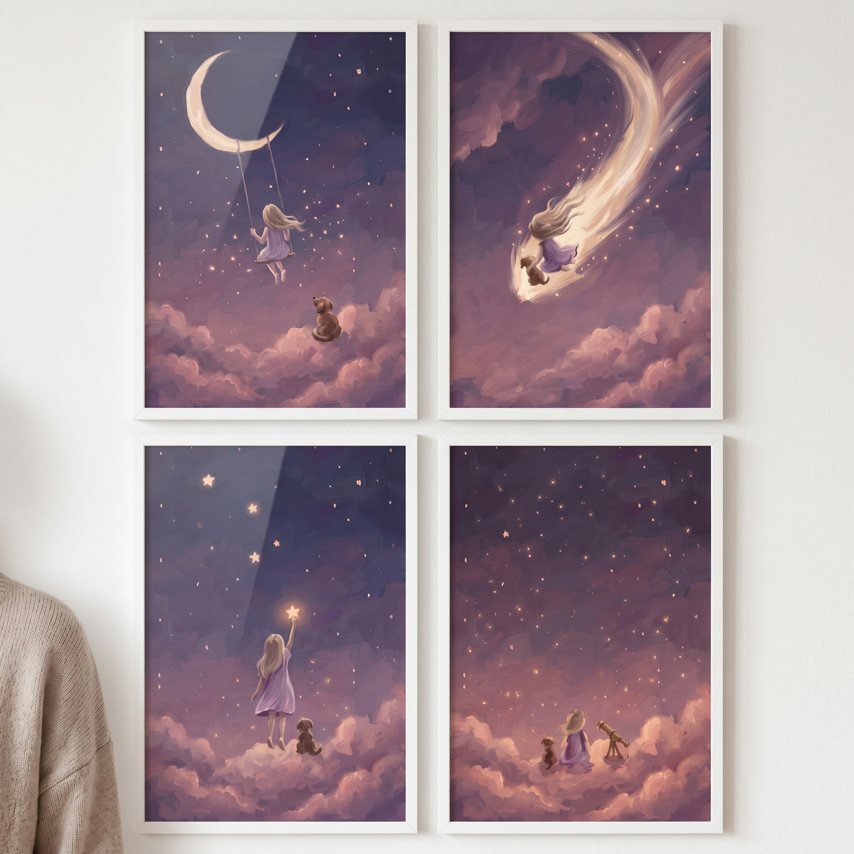 Dark violet girl dog wall art set of 4 features a child and pet in a starry sky with a moon swing, a comet, and clouds.