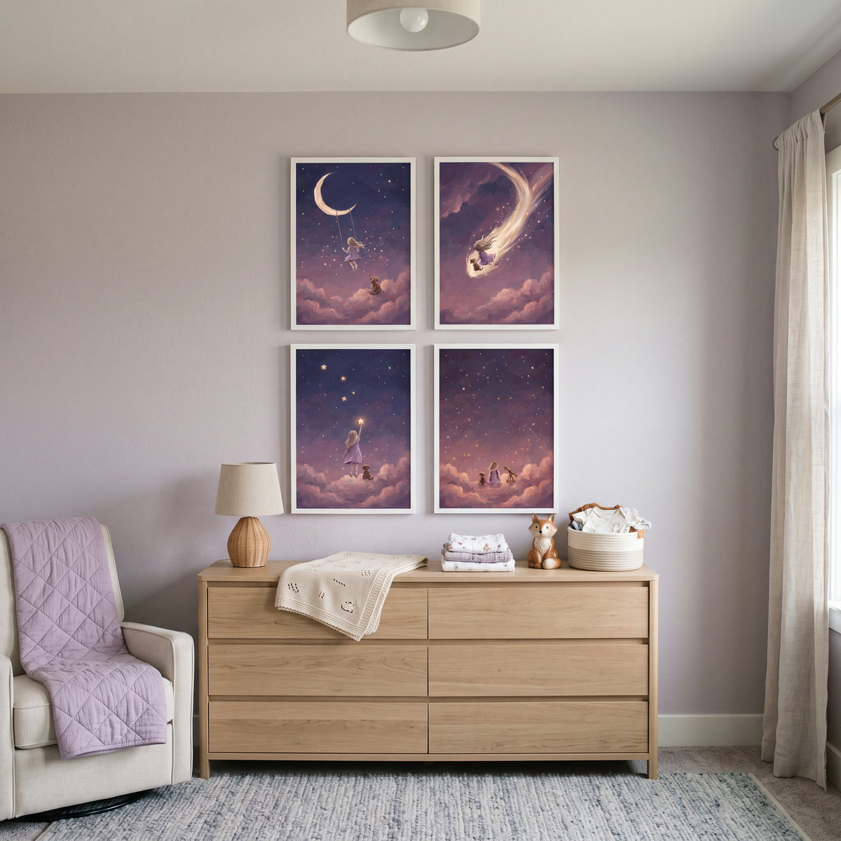 Dark Violet Girl Dog Wall Art Set of 4 - Celestial Cloud Dreams
