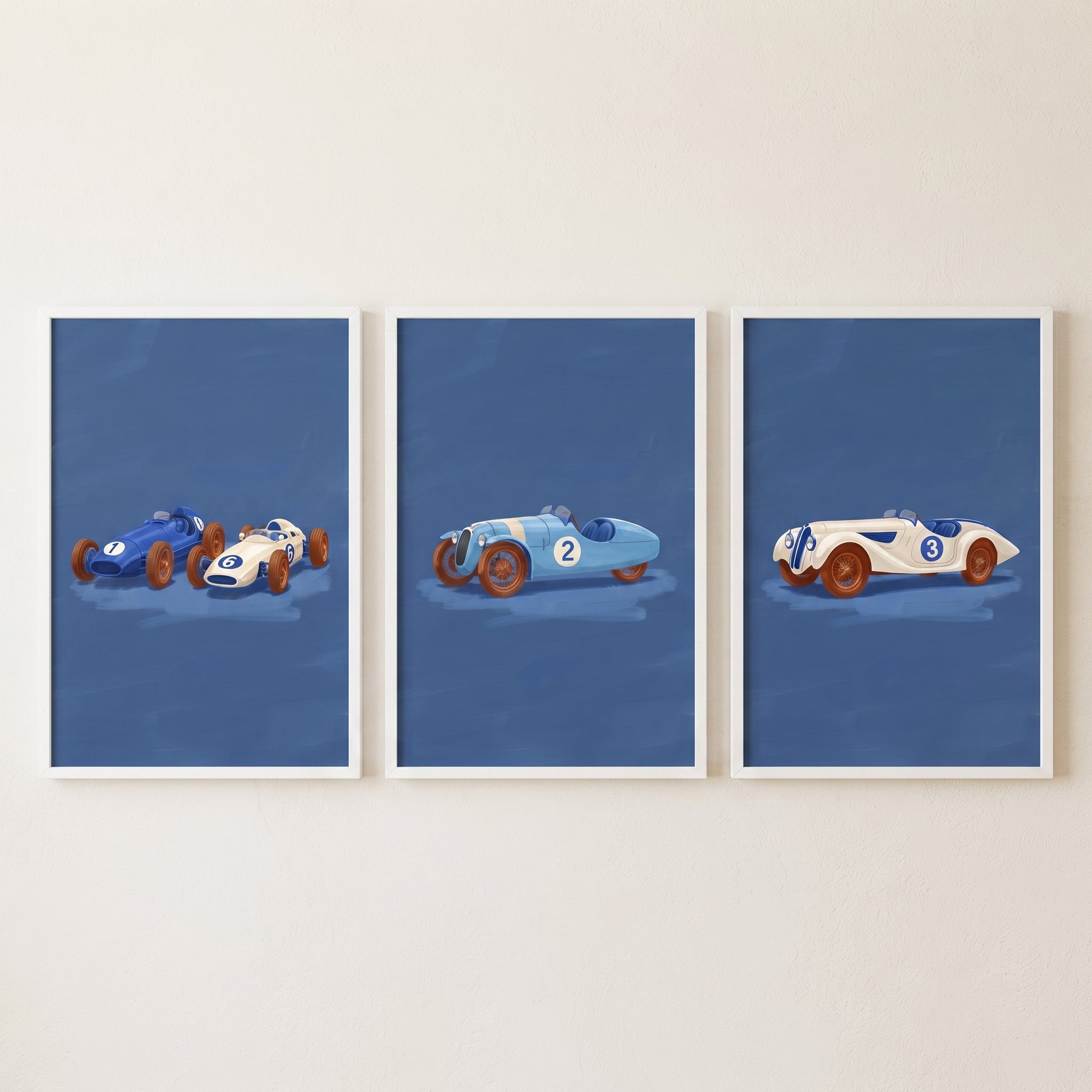 Deep Blue Racing Car Wall Art Set of 3 - Classic Speed Trio