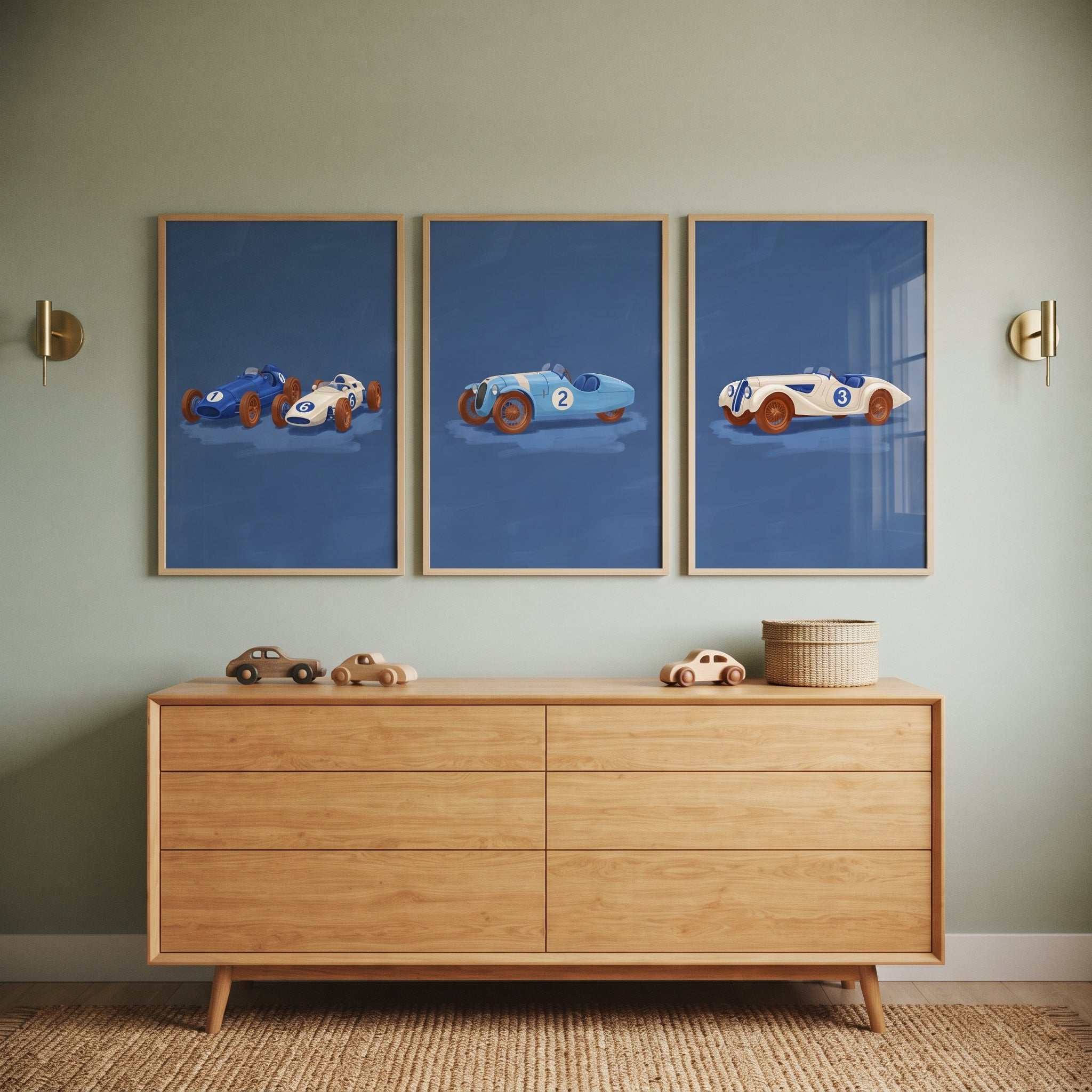 Deep Blue Racing Car Wall Art Set of 3 - Classic Speed Trio