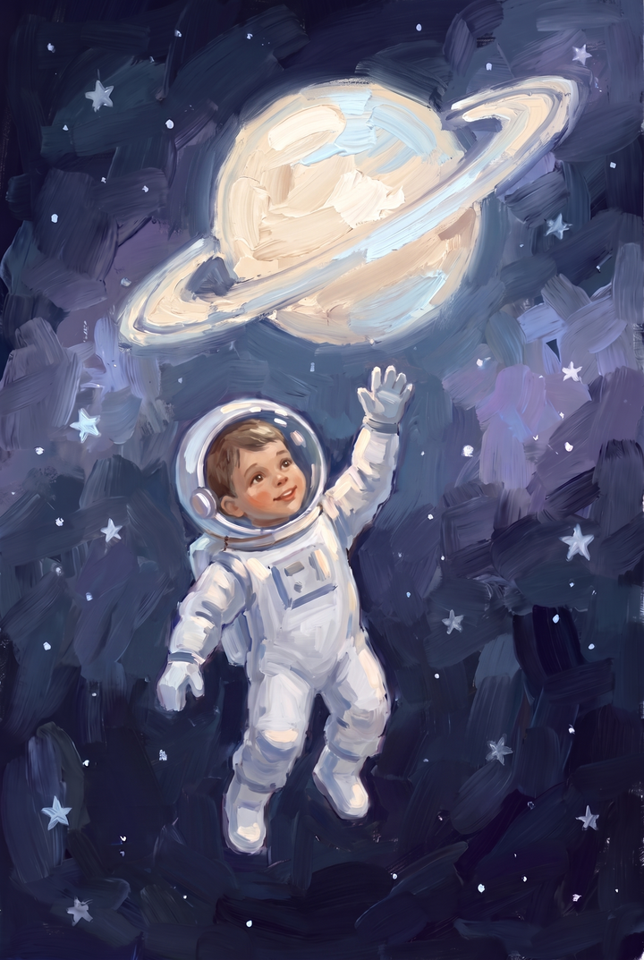 A child in a white spacesuit reaches toward a bright ringed planet in this deep blue space astronaut artwork.