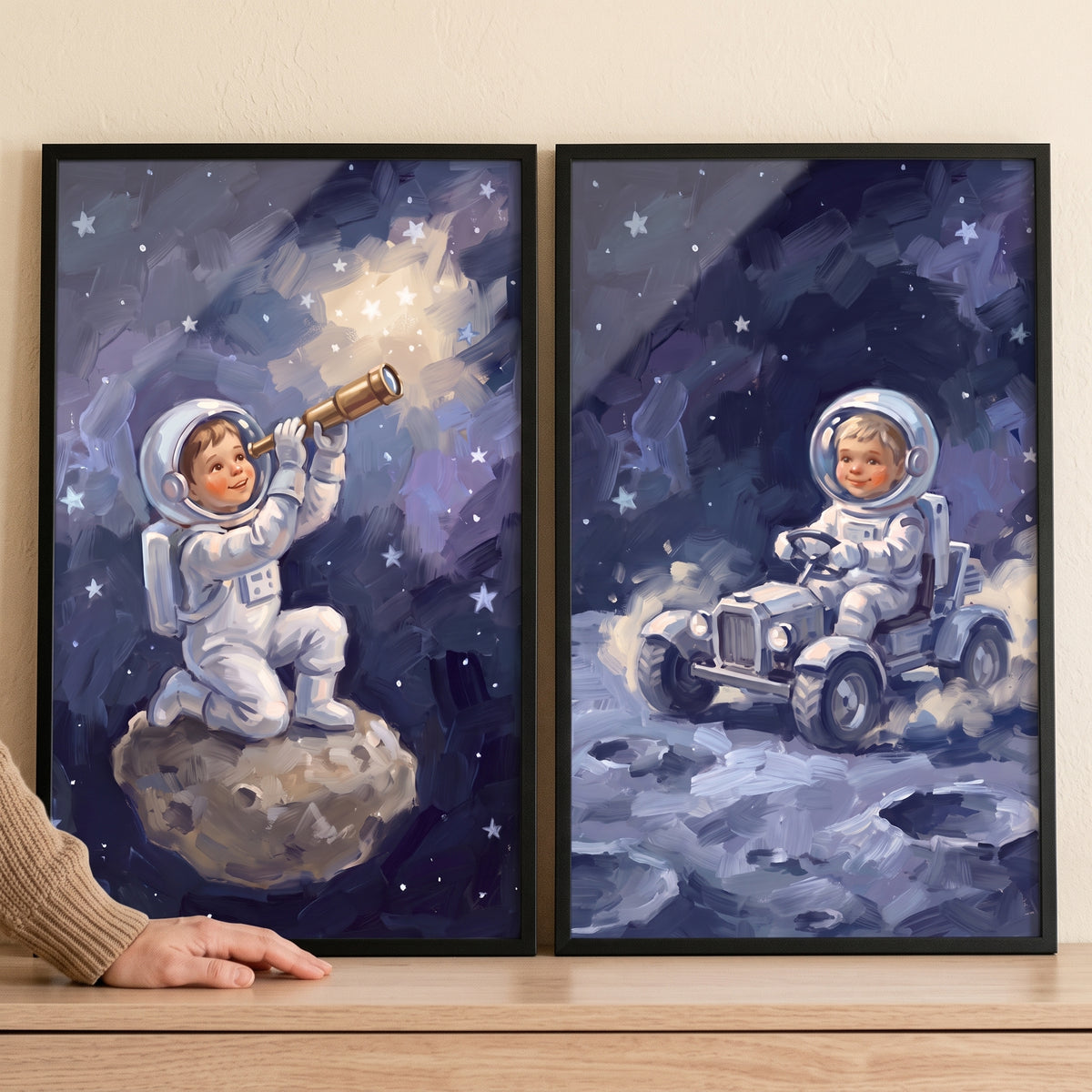 Deep cosmic baby astronaut wall art set of 2 shows small explorers with a telescope and moon rover in a starry universe.