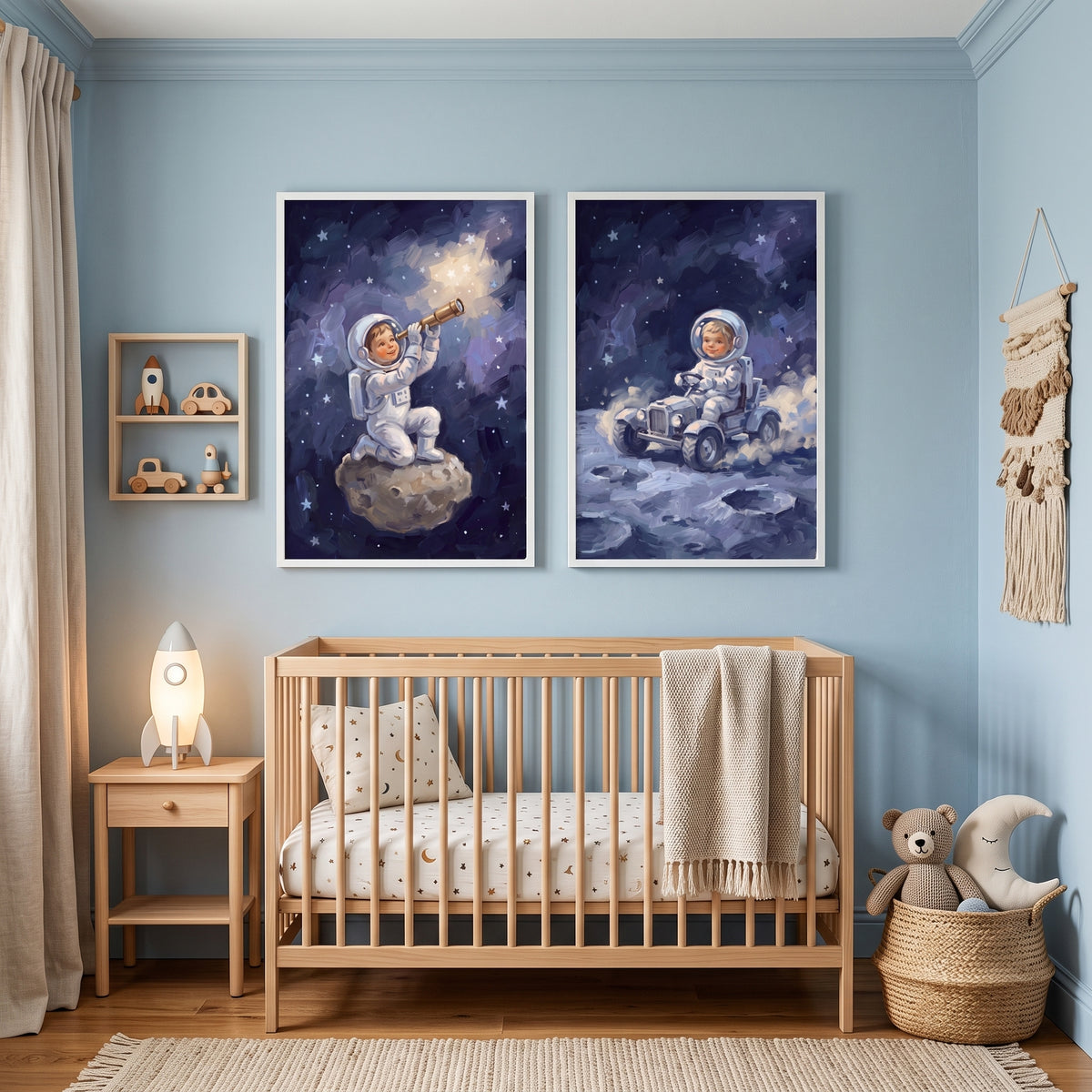 Deep Cosmic Baby Astronaut Wall Art Set of 2 - Young Star Voyager