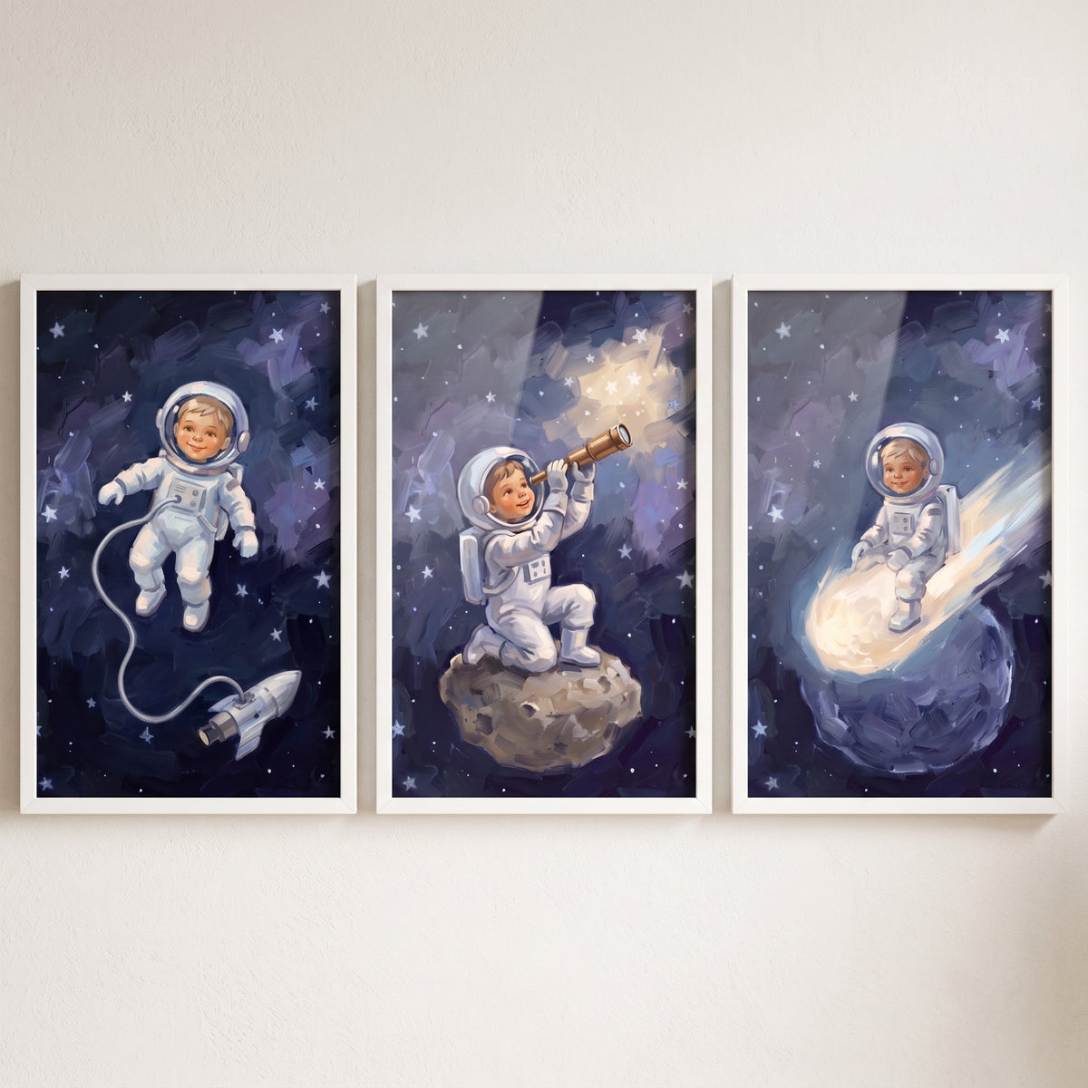 Deep cosmos child astronaut wall art set of 3 with a kid floating, using a telescope, and riding a comet among stars.
